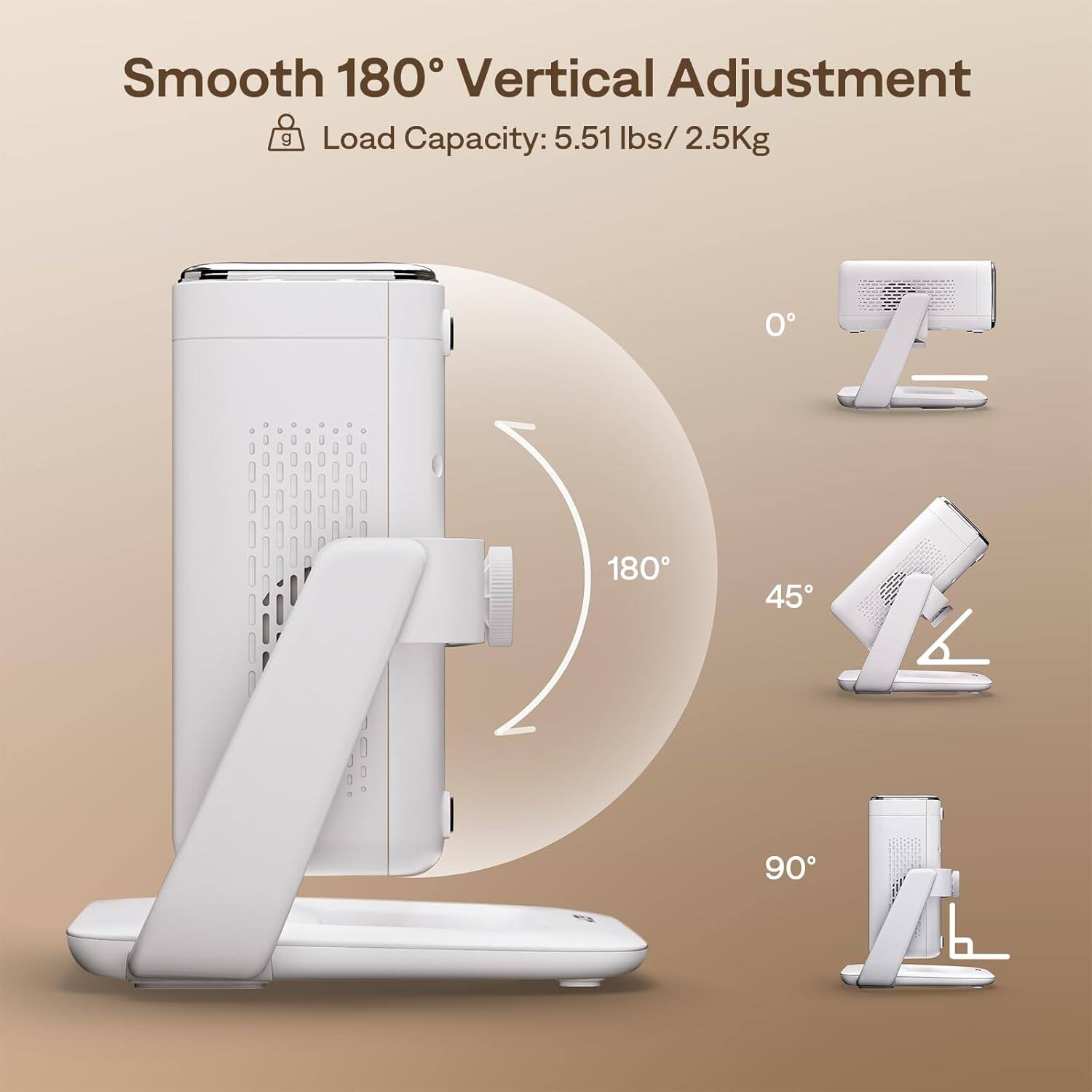 Smooth 180° Vertical Adjustment  
Load Capacity: 5.51 lbs / 2.5Kg  

0°  
45°  
90°  
180°
