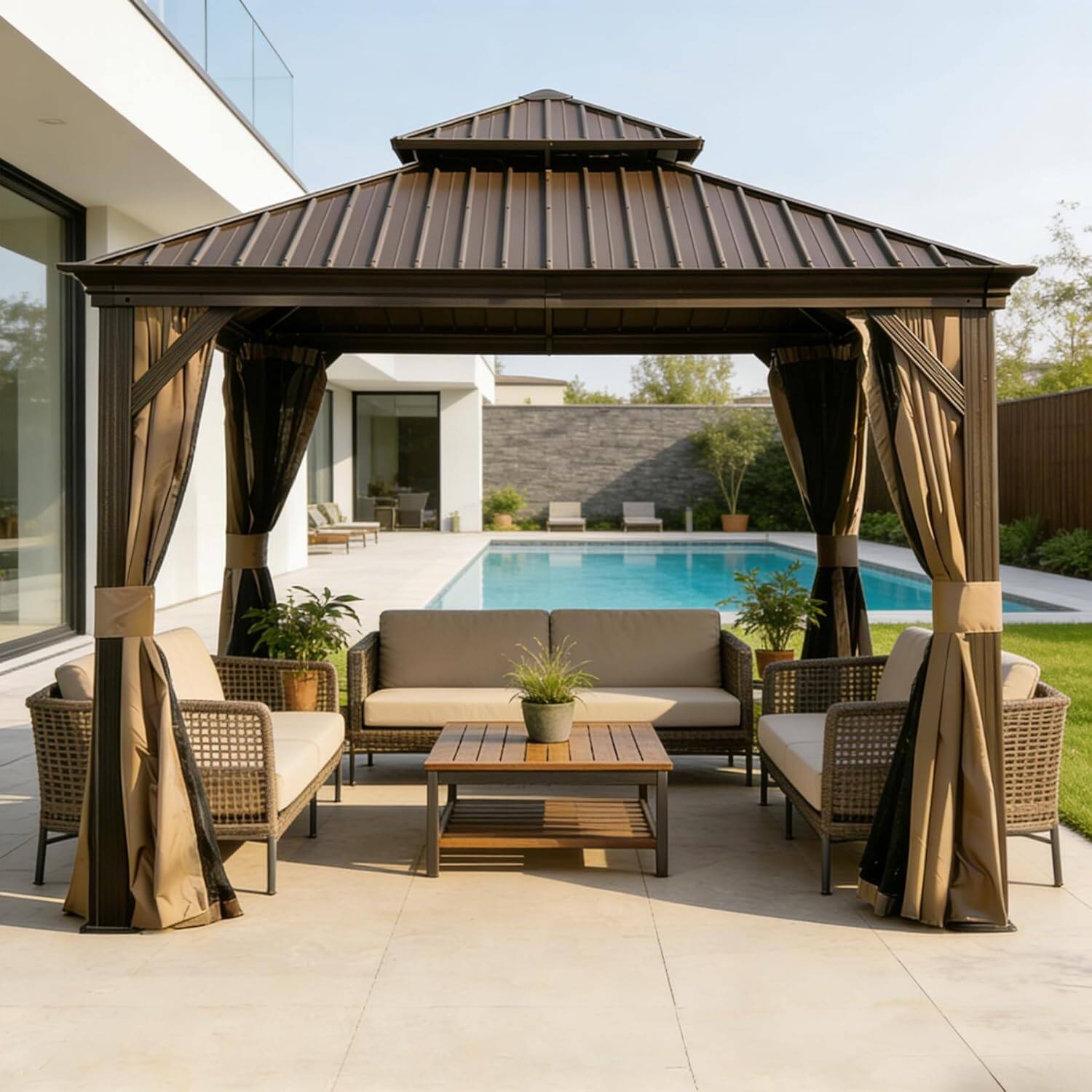Angle. Mondawe - 13x13FT Outdoor Gazebo，Galvanized Steel Double Roof，Curtains and Netting Included - Dark Brown.