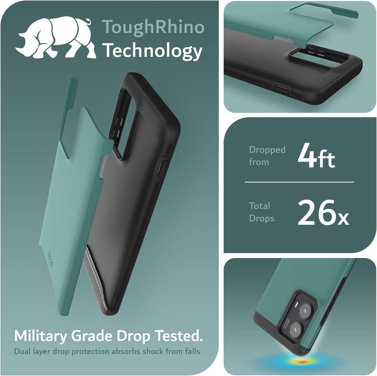 ToughRhino Technology

Dropped from 4ft  
Total Drops 26x

Military Grade Drop Tested.  
Dual layer drop protection absorbs shock from falls