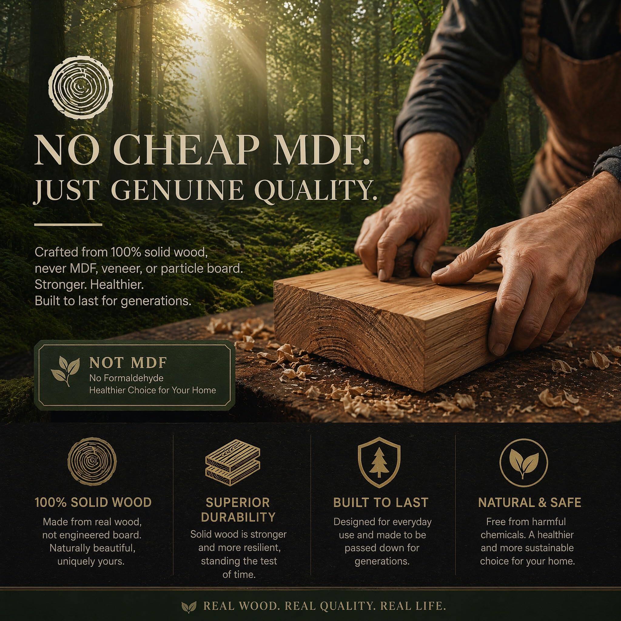 NO CHEAP MDF. JUST GENUINE QUALITY.

Crafted from 100% solid wood, never MDF, veneer, or particle board. Stronger. Healthier. Built to last for generations.

NOT MDF
No Formaldehyde
Healthier Choice for Your Home

100% SOLID WOOD
Made from real wood, not engineered board. Naturally beautiful, uniquely yours.

SUPERIOR DURABILITY
Solid wood is stronger and more resilient, standing the test of time.

BUILT TO LAST
Designed for everyday use and made to be passed down for generations.

NATURAL & SAFE
Free from harmful chemicals. A healthier and more sustainable choice for your home.

REAL WOOD. REAL QUALITY. REAL LIFE.