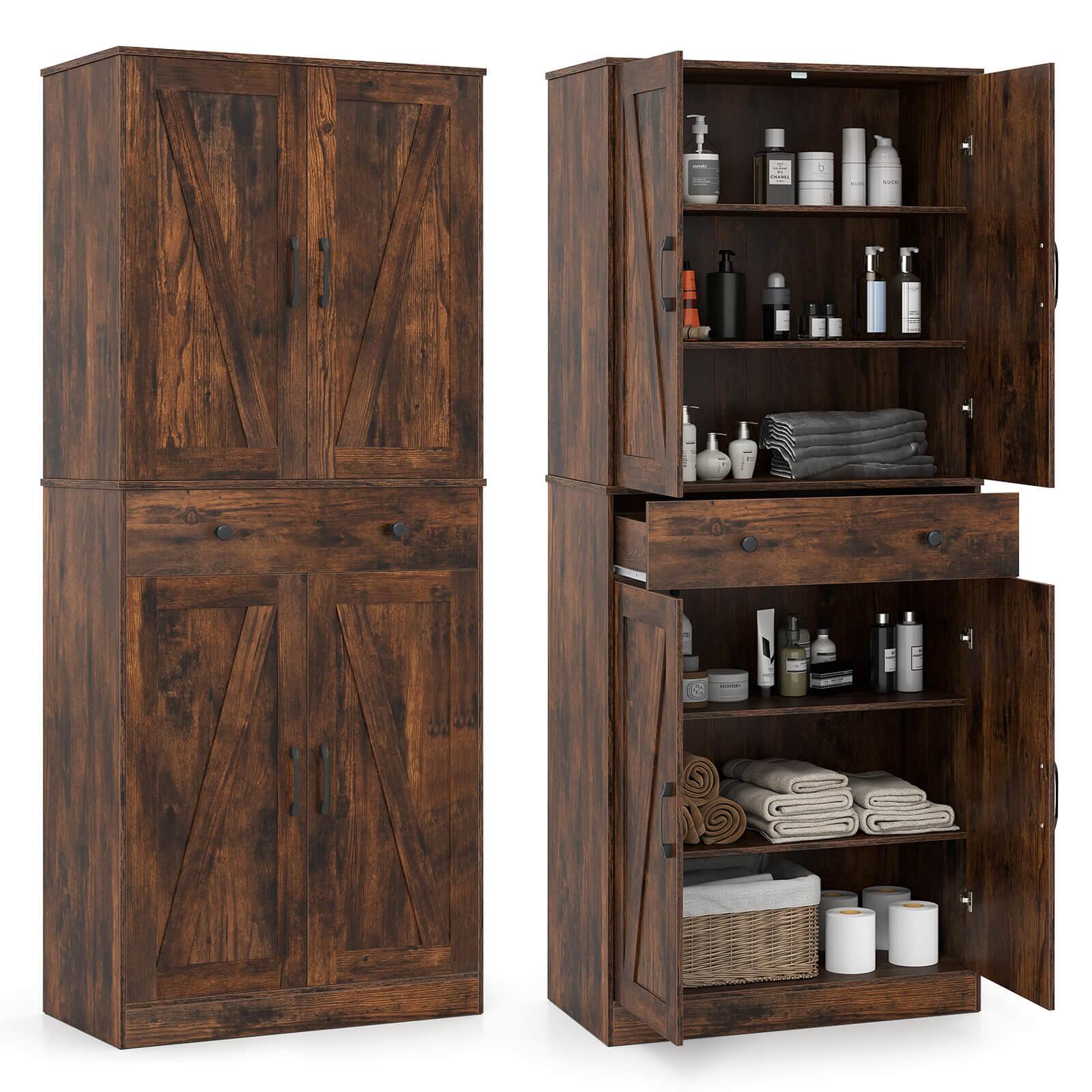 Costway - 72" Tall Kitchen Pantry Modern Farmhouse Cupboard Cabinet with 4 Barn Doors - Brown