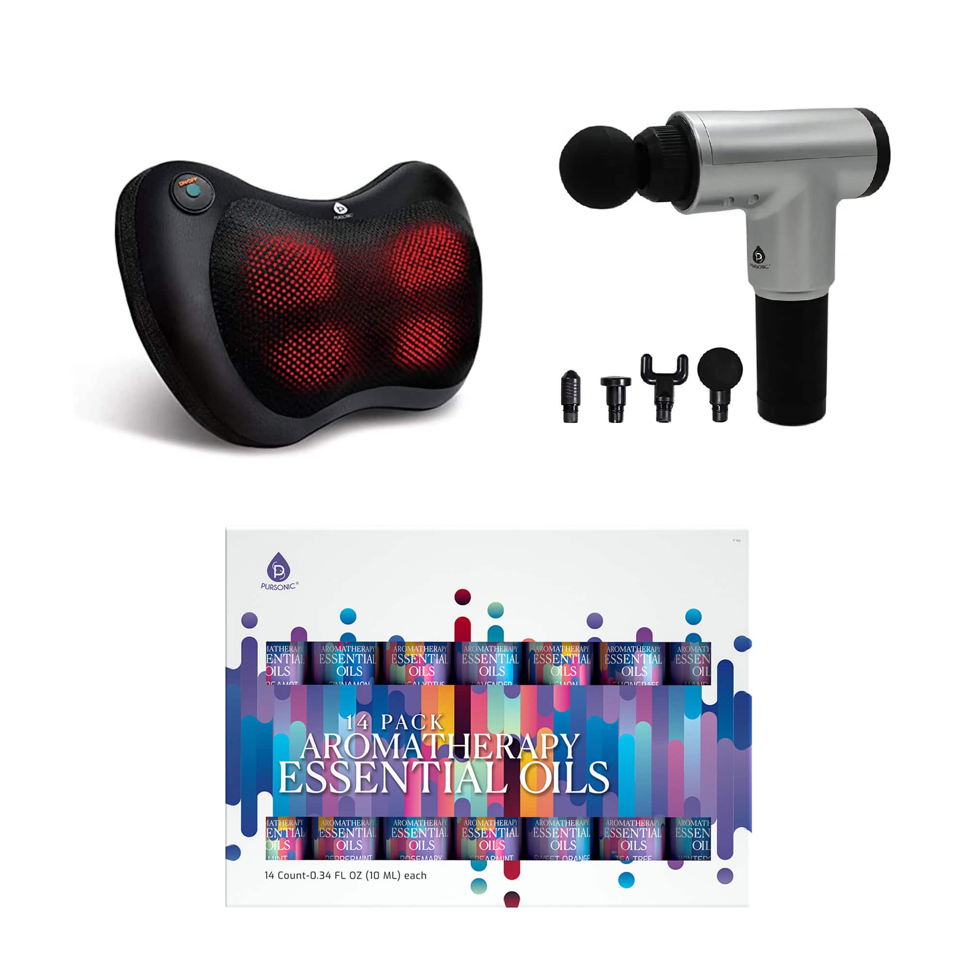 Pursonic - Ultimate Wellness Bundle: 14 Essential Oils, Shiatsu Massager & Percussion Massage Gun