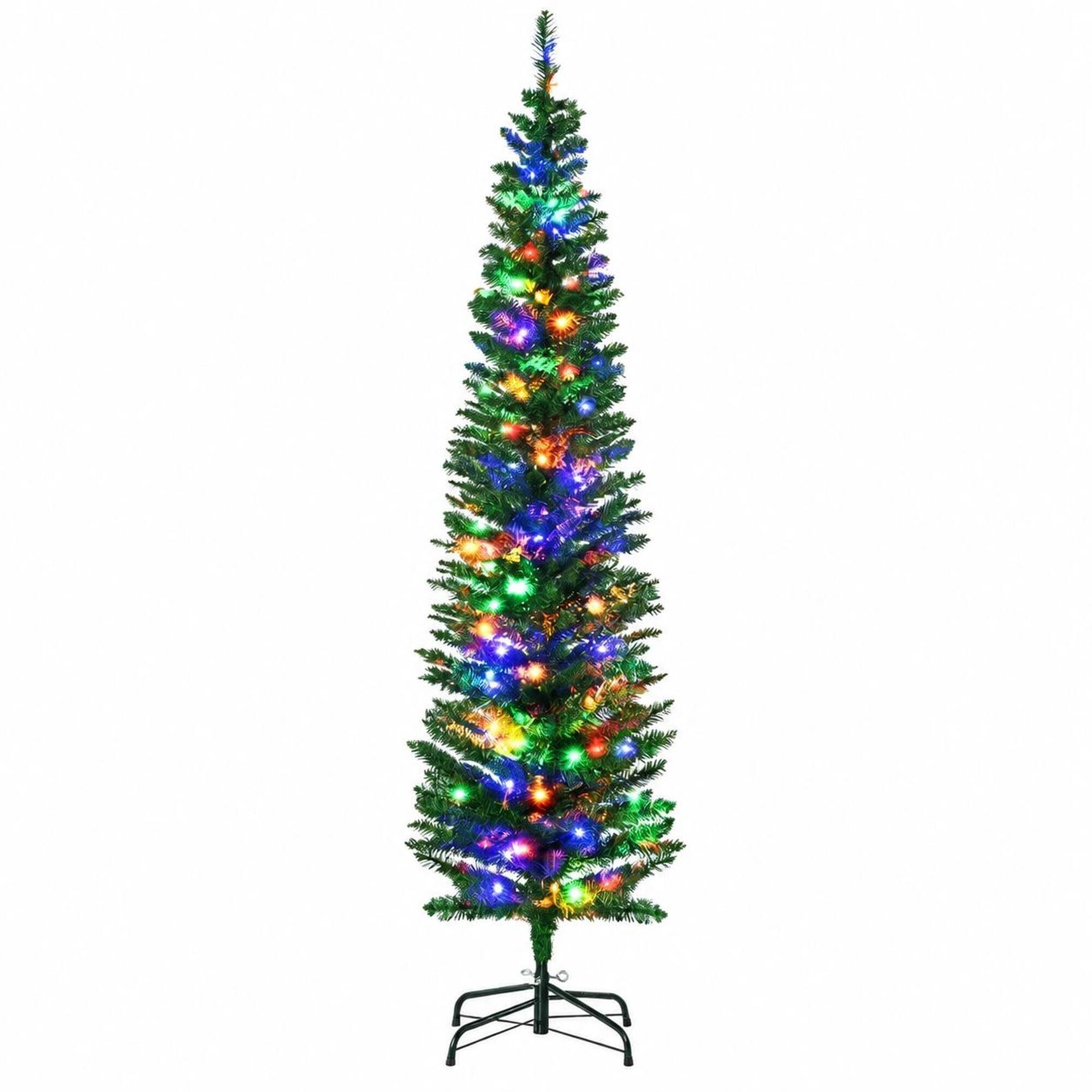 Front. RYHNUYNE - Pre-Lit Skinny Pencil Christmas Tree With Colorful LED Lights and Steel Base - Green.