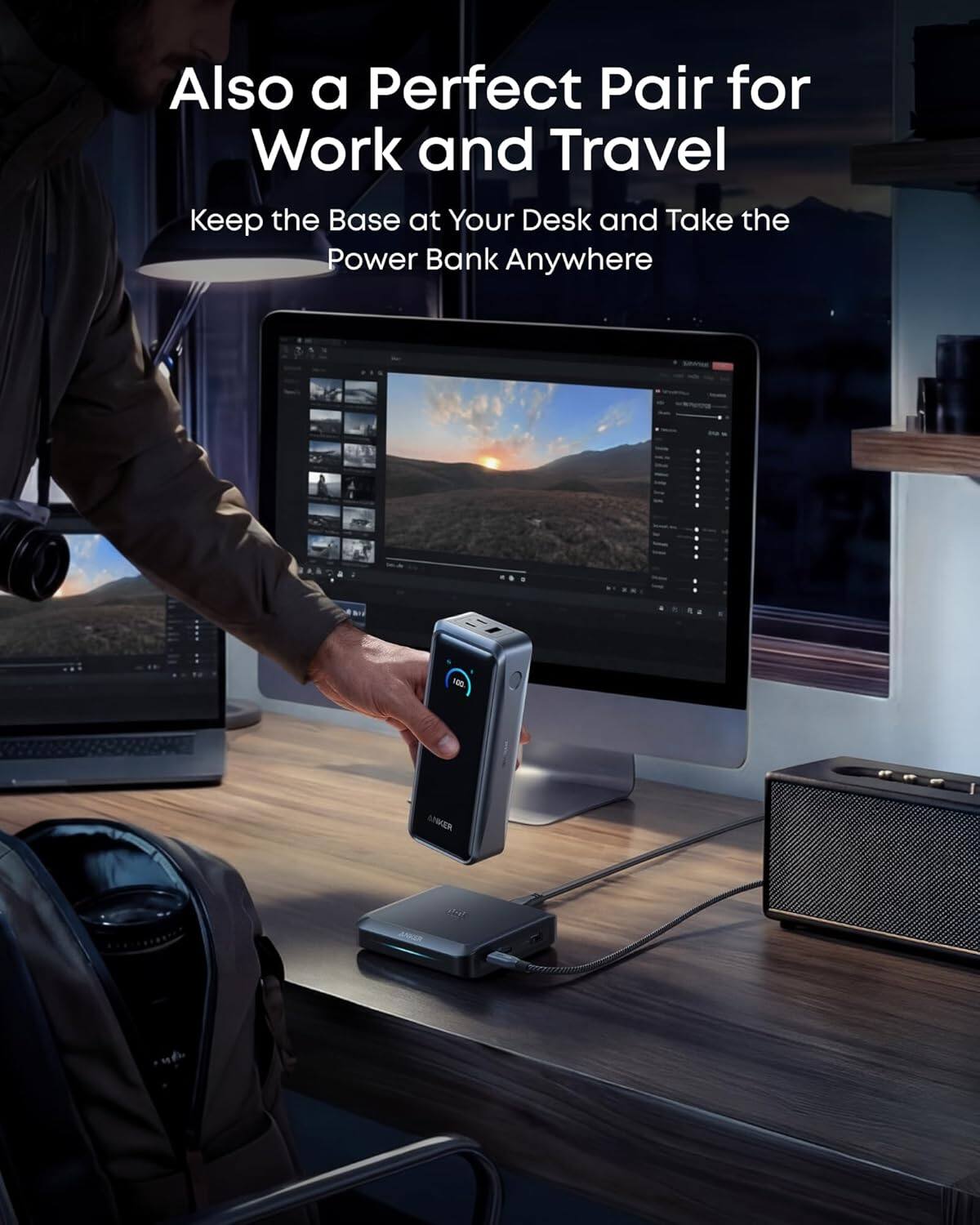 Also a Perfect Pair for Work and Travel  
Keep the Base at Your Desk and Take the Power Bank Anywhere