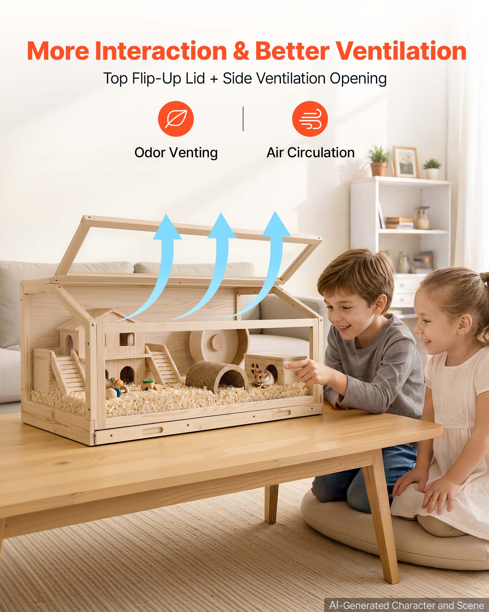 More Interaction & Better Ventilation  
Top Flip-Up Lid + Side Ventilation Opening  
Odor Venting  
Air Circulation  

AI-Generated Character and Scene
