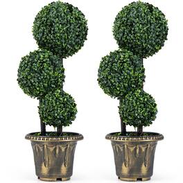 Gymax - 2PCS 2.5 FT Artificial Boxwood Topiary Tree Sun-Protective Triple Ball Shrubs - Green
