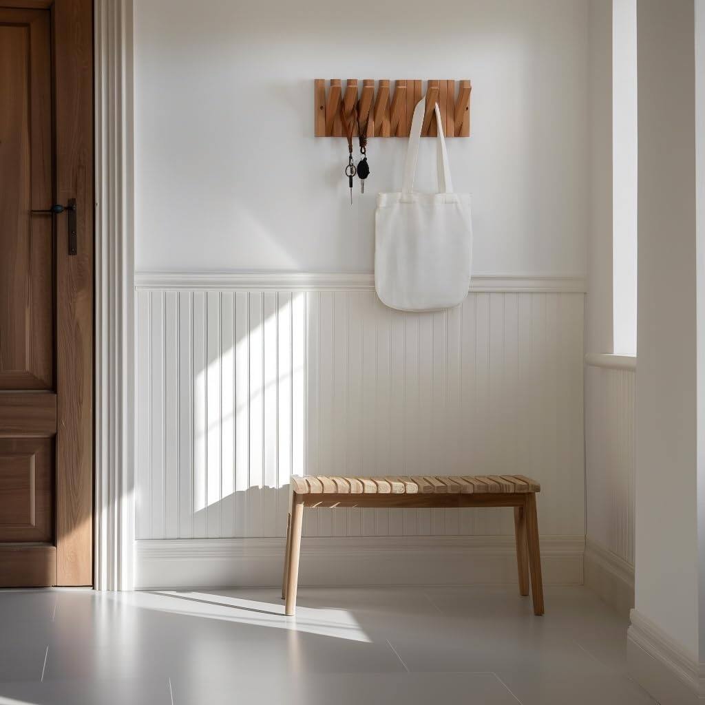 Alt View 3. HM 1810 - Coat & Hat Hooks Wall Mount With Key Holder Mounted Rack 9 Retractable Hangers Solid Wood Slim For Entryway... - Natural.