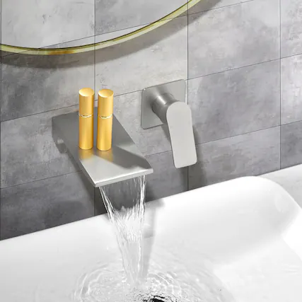 Front. Boyel Living - Brushed Wall Mount Faucet SUS304 Waterfall Spout cUPC Cartridge Single Handle 1/2NPT Thread - Brushed Nickel.