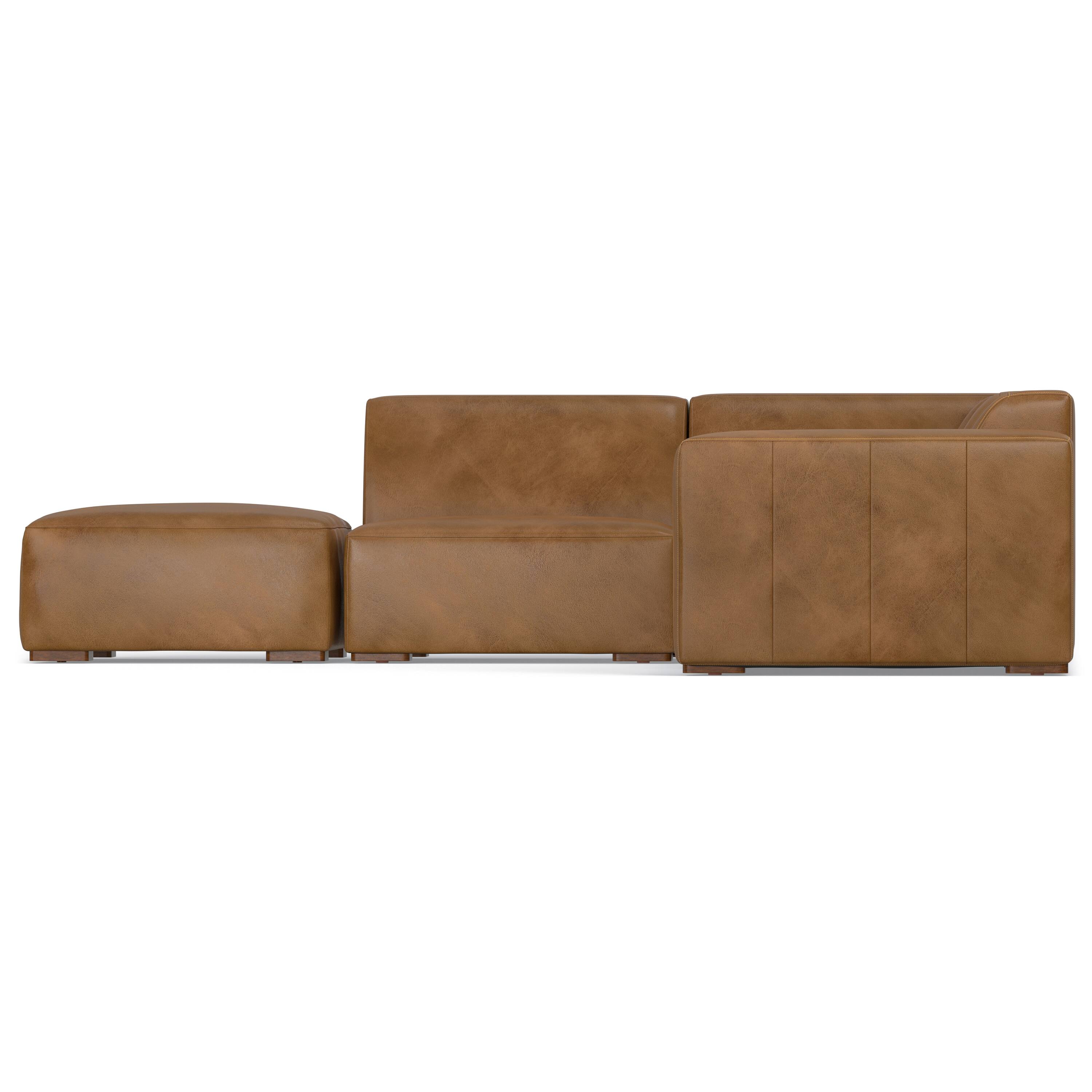 Alt View 2. Simpli Home - Rex Left Corner Sectional Modular Sofa with Ottoman in Genuine Leather - Caramel Brown.