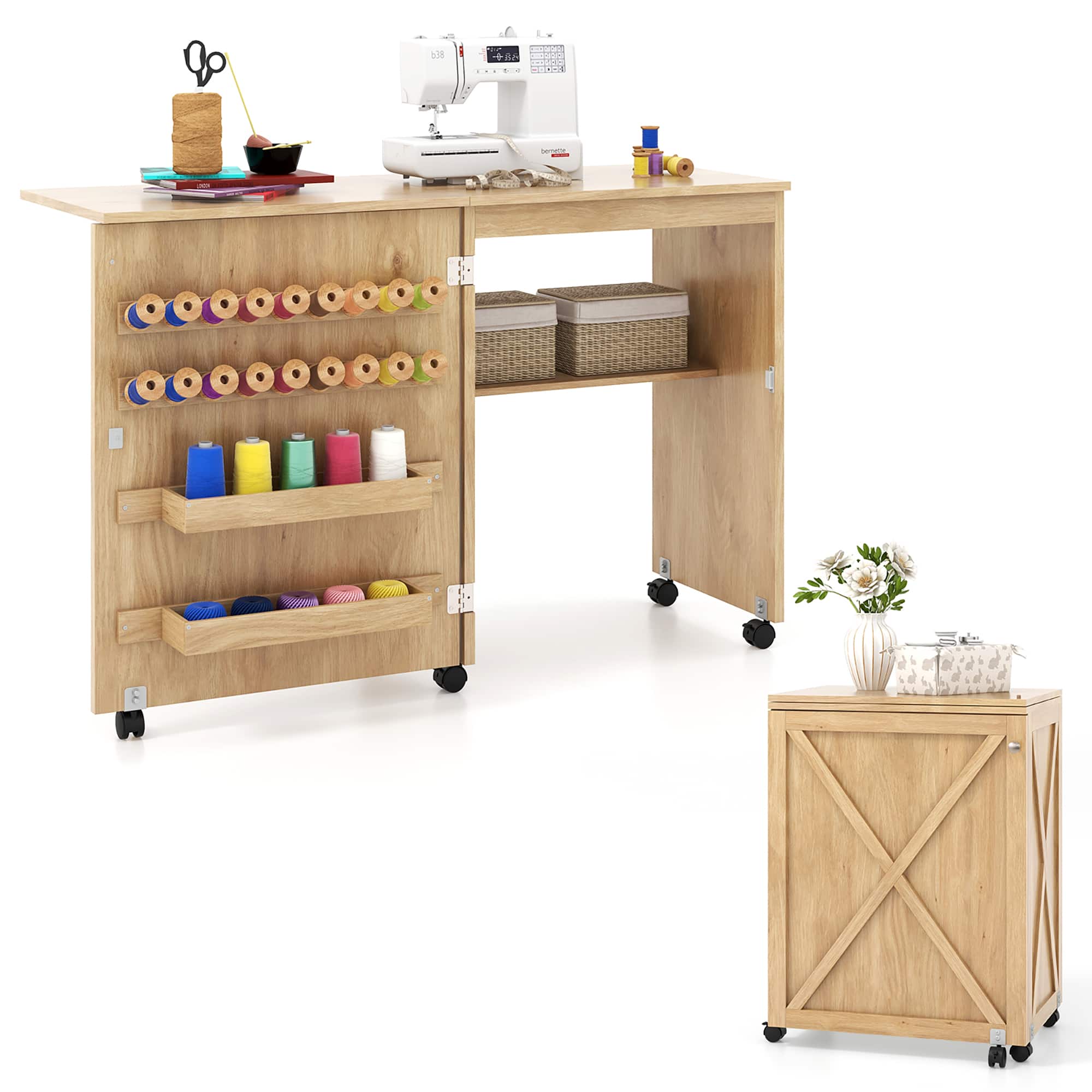 Gymax - Folding Sewing Table w/ Compact Design Storage Shelf 2 Trays & 18 Pegs - Natural