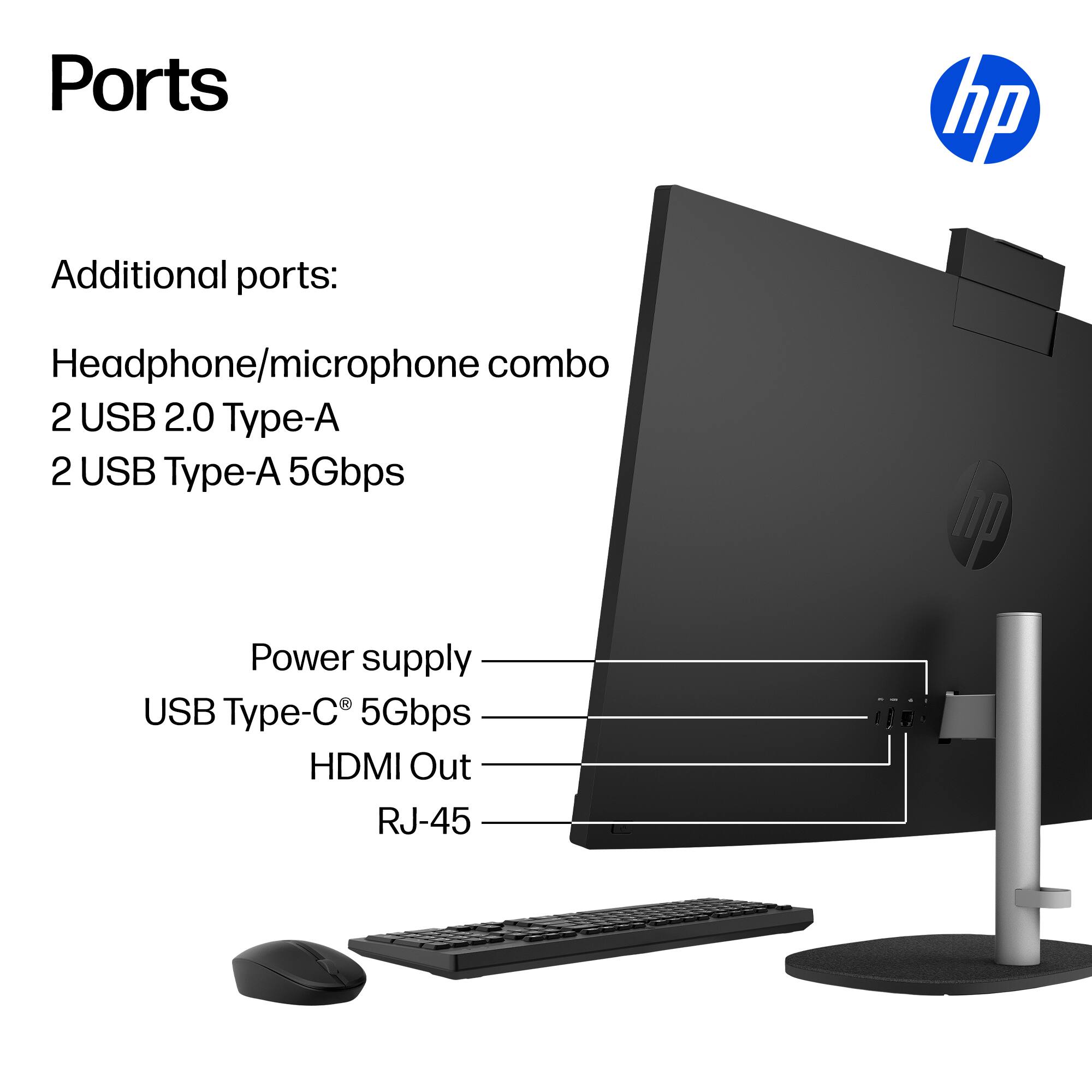 Ports

Additional ports:
- Headphone/microphone combo
- 2 USB 2.0 Type-A
- 2 USB Type-A 5Gbps

Power supply
- USB Type-C 5Gbps
- HDMI Out
- RJ-45