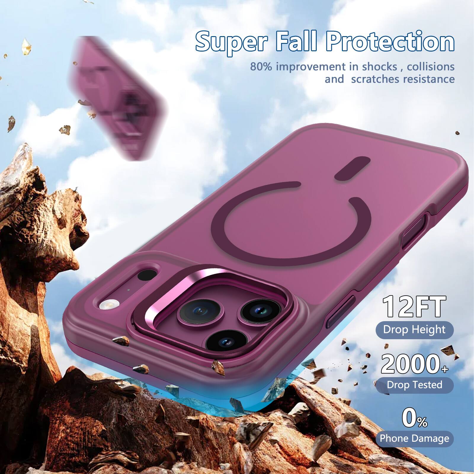 Super Fall Protection  
80% improvement in shocks, collisions and scratches resistance  

12FT Drop Height  
2000 Drop Tested  
0% Phone Damage