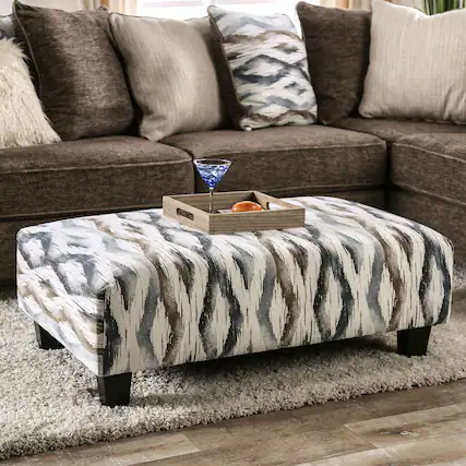 Front. Tiramisubest - Contemporary Style Upholstery Ottoman With Design Printed Soft Microfabric Tapered Block Legs Multi Finish - White.