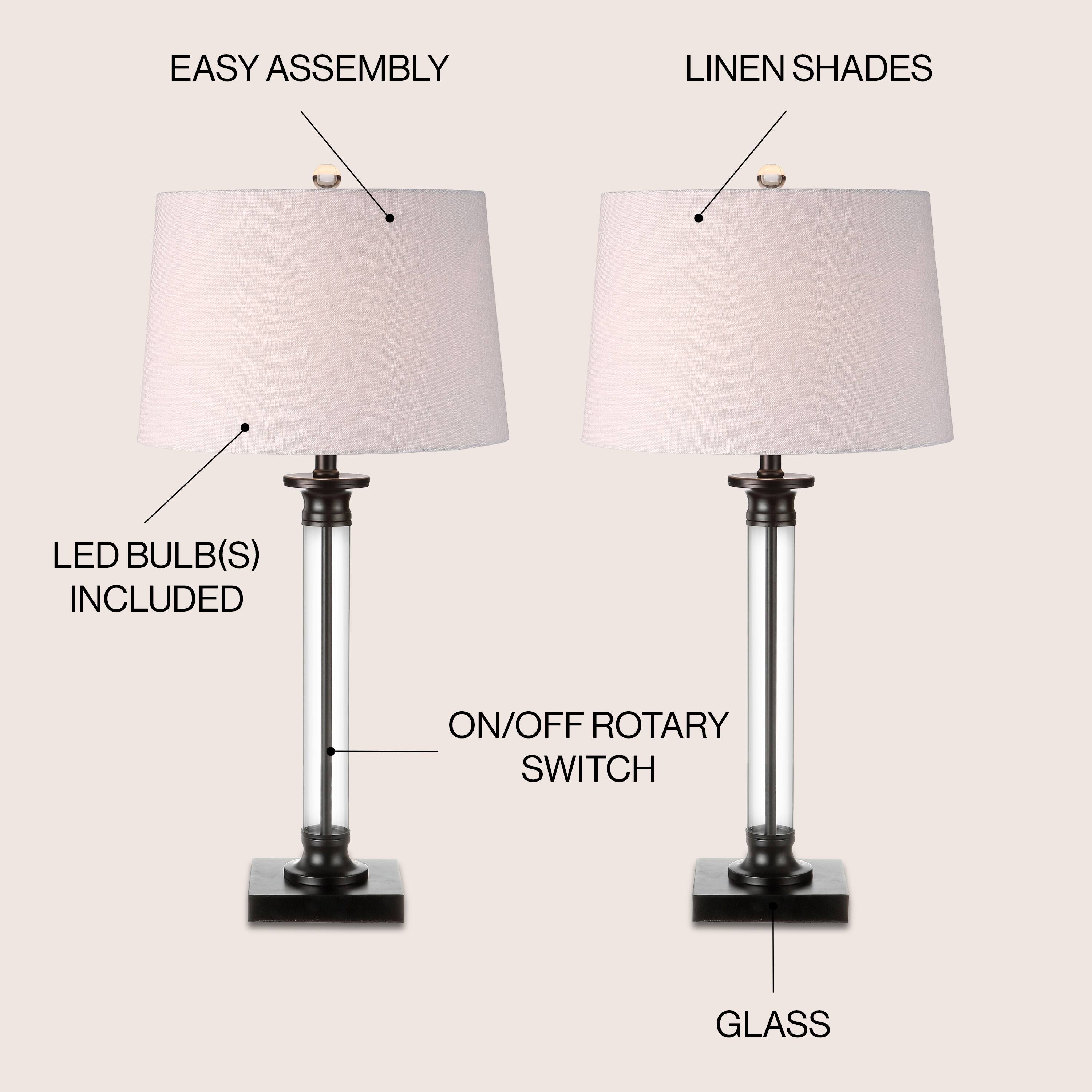 - EASY ASSEMBLY
- LINEN SHADES
- LED BULB(S) INCLUDED
- ON/OFF ROTARY SWITCH
- GLASS