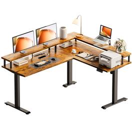 AODK - 59in Electric L Shaped Standing Desk with Power Outlets & Full Monitor Stand - Brown
