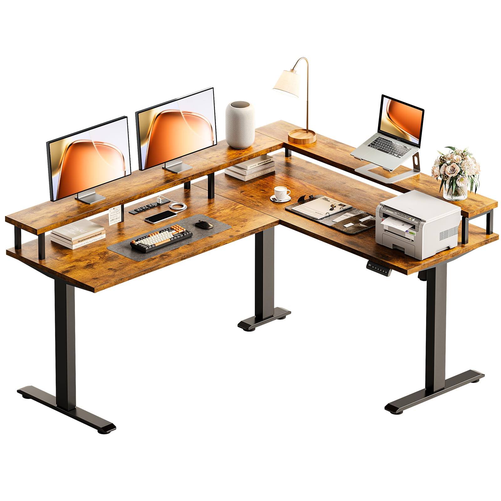 Front. AODK - 59in Electric L Shaped Standing Desk with Power Outlets ＆ Full Monitor Stand - Brown.