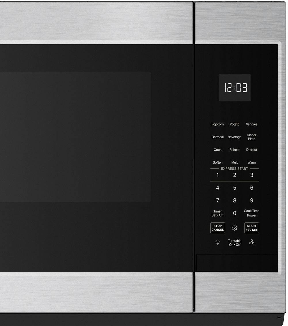 The text on the image is:

12:03
Popcorn
Potato
Veggies
Dinner
Outmeal
Beverage
Plate
Cook
Reheat
Defrost
Soften
Meat
Warm
EXPRESS START
1
2
3
4
5
6
7
8
9
Timer
Set-On
0
Cook Time
Power
STOP
CANCEL
START +30 Sec
Turntable
On
On-Off