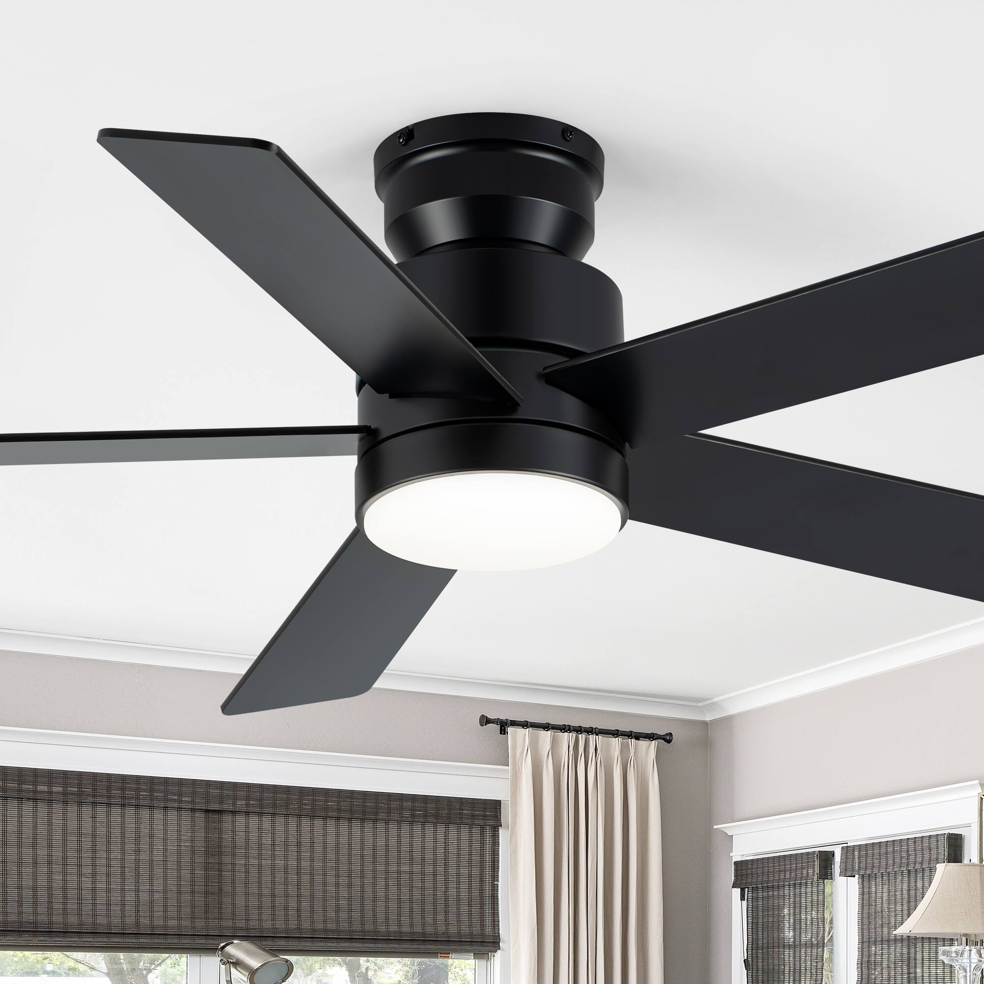 Front. Breezary - 42" Flush Mount Ceiling Fan with 5 Plywood Blades, 3-Color Light, DC Motor, Remote Control, Timer with Memory - Matte Black and Deep Walnut Color.
