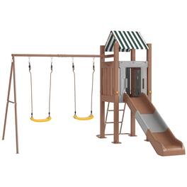 Qaba - Kids Swing Set, Backyard Playground, 6 FT Slide, 2 Adjustable Swings, Fort with Canopy, Ladder, Ages 3-8