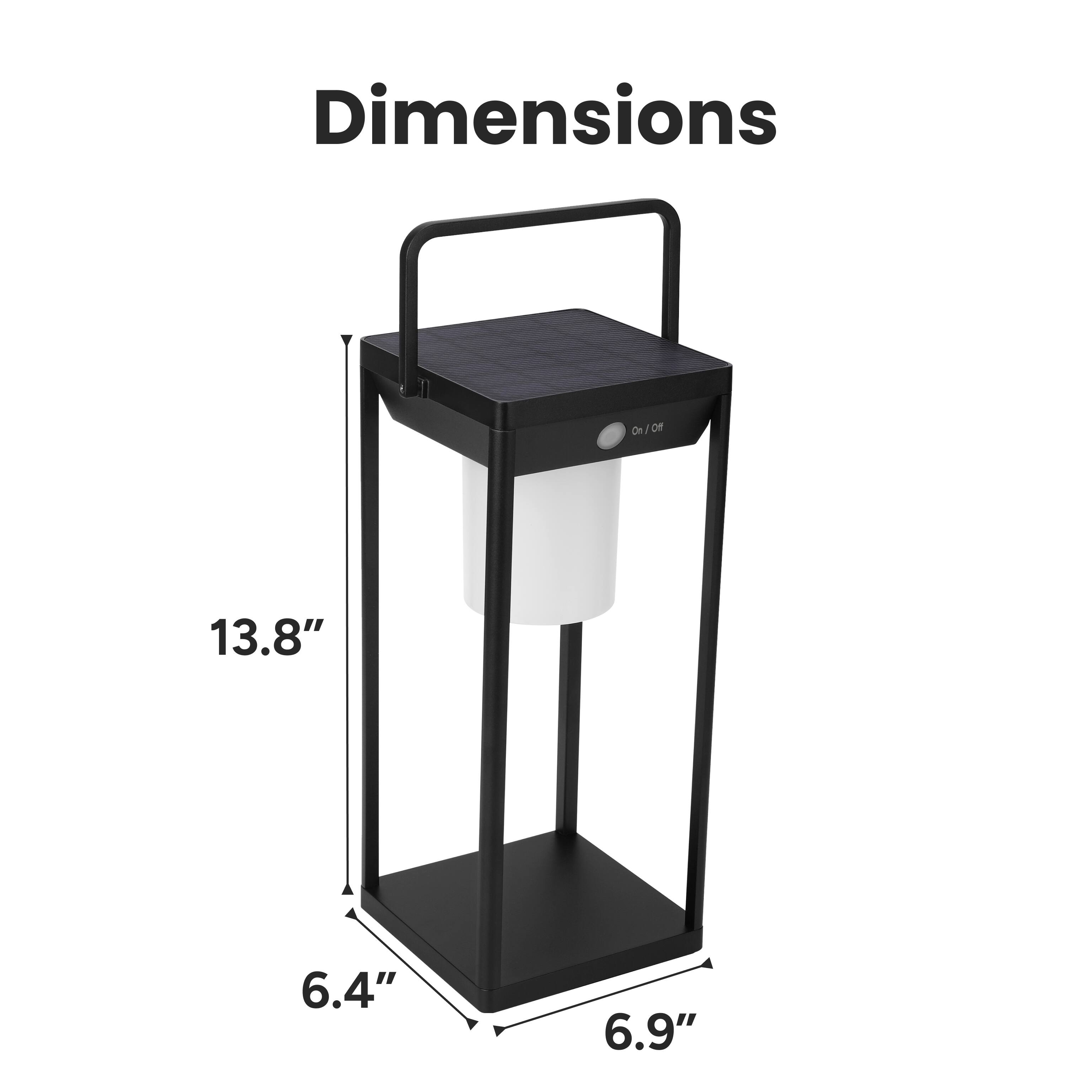 Dimensions
On/Off
13.8"
6.4"
6.9"