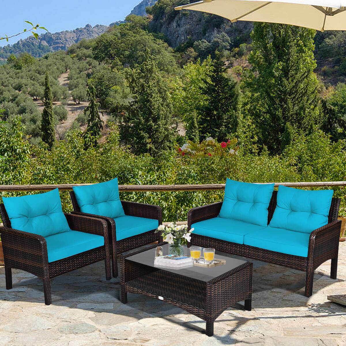 Alt View 5. Costway - Costway 8PCS Patio Rattan Sectional  Furniture Set Loveseat Sofa Coffee Table W/ Cushion - Turquoise.