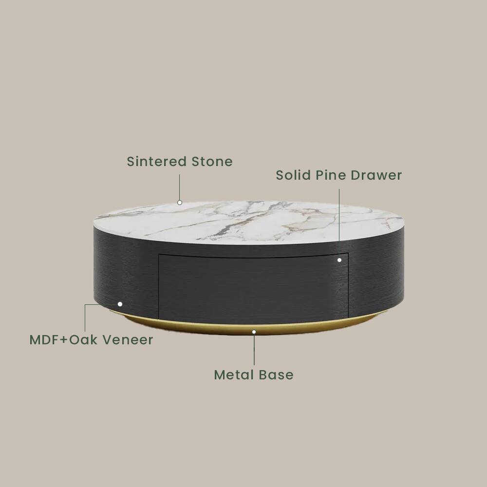 Sintered Stone  
Solid Pine Drawer  
MDF + Oak Veneer  
Metal Base