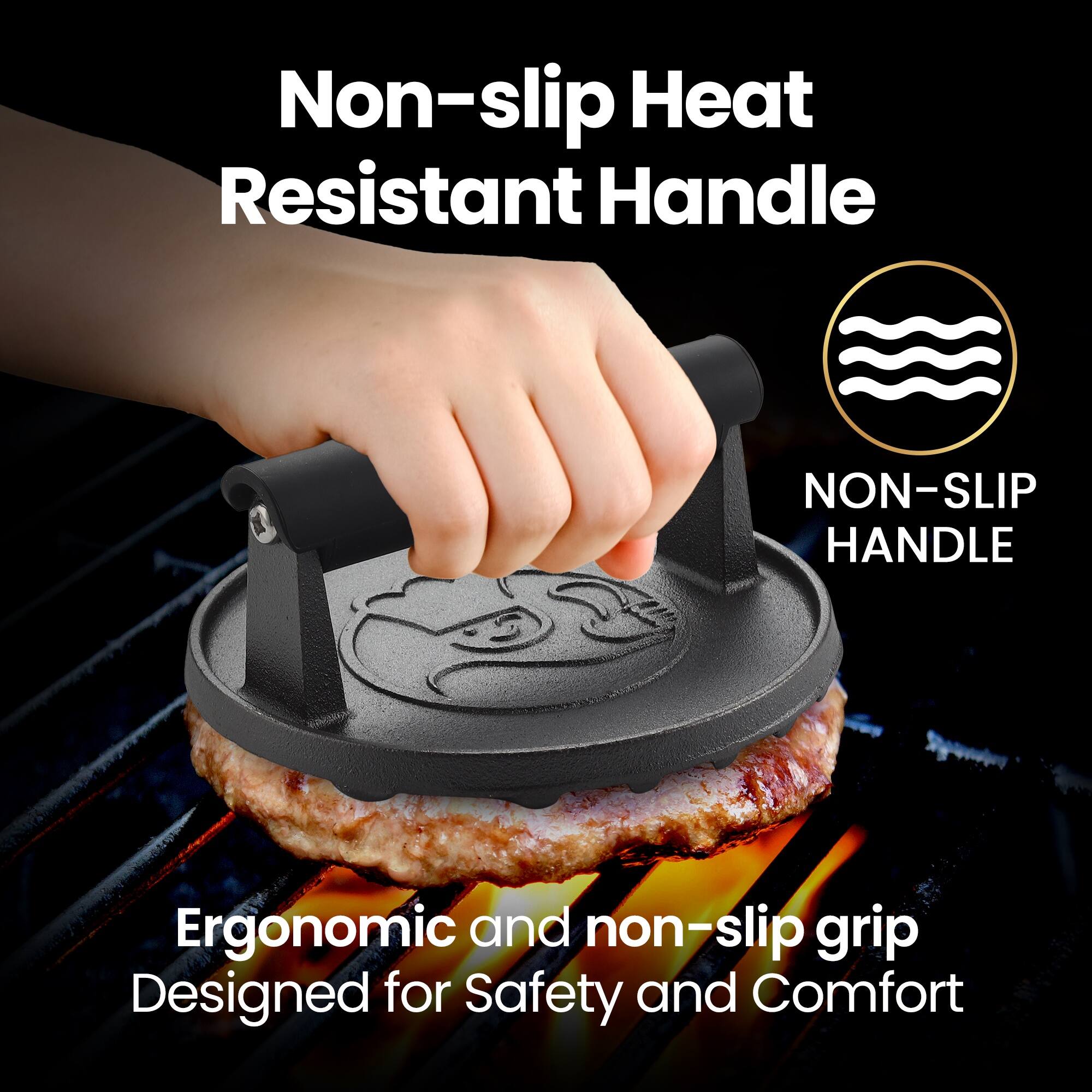 Angle. Gourmet Easy - Smash Burger Press for Griddle, 2 lb Heavy Duty Burger Smasher Tool with Heat-Resistant Handle, Premium Cast Iron - Black.