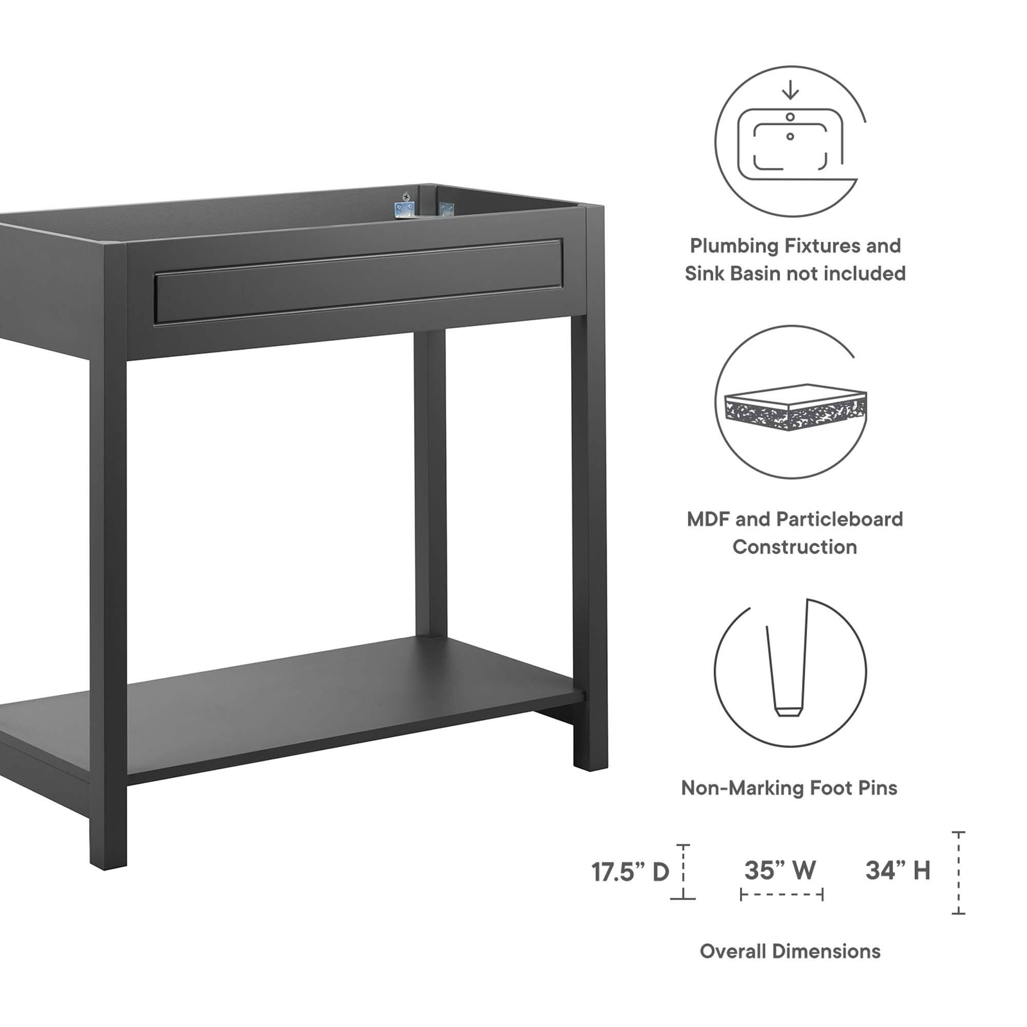 Plumbing Fixtures and Sink Basin not included  
MDF and Particleboard Construction  
Non-Marking Foot Pins  
17.5" D x 35" W x 34" H  
Overall Dimensions