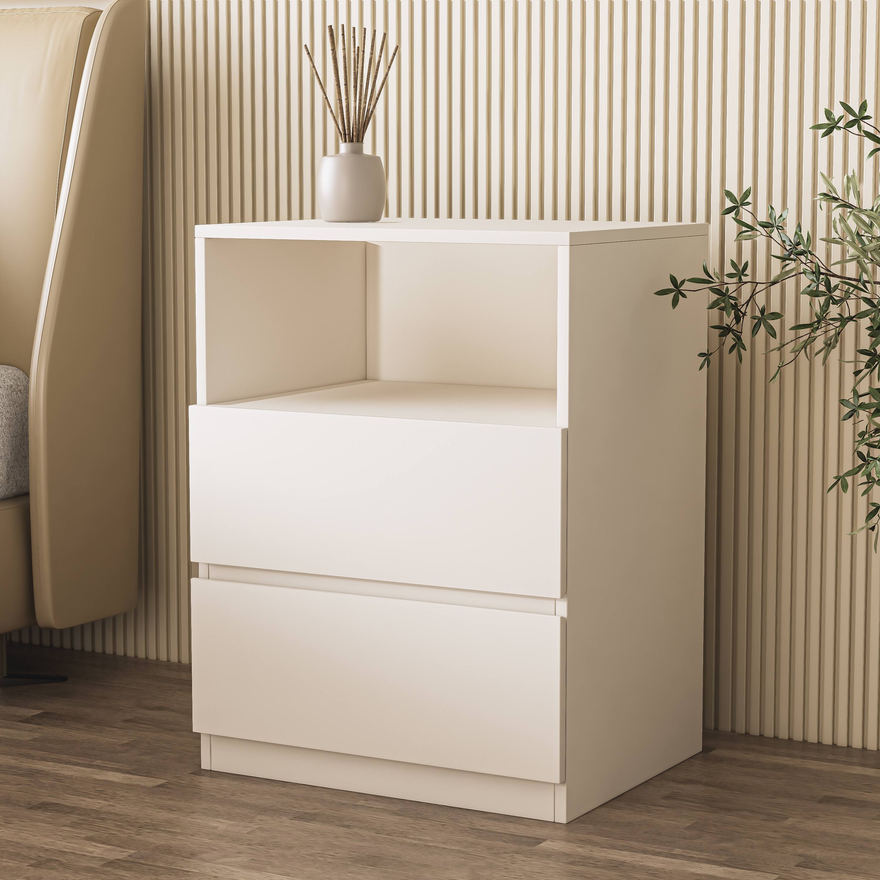 Alt View 1. MSOOB - Wooden Storage Cabinet, Freestanding Floor Cabinet Nightstands with 2 Drawers for Living Room - White.