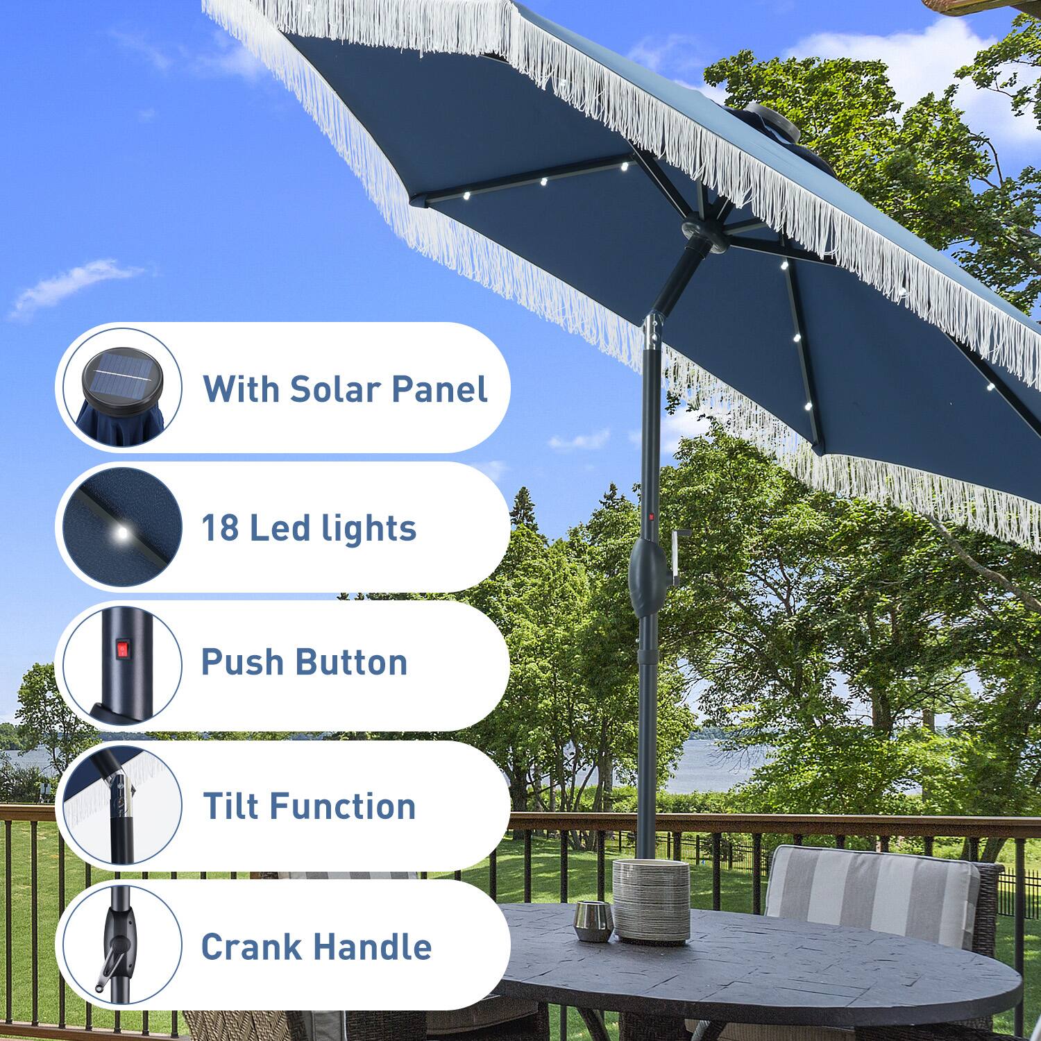 With Solar Panel  
18 Led lights  
Push Button  
Tilt Function  
Crank Handle