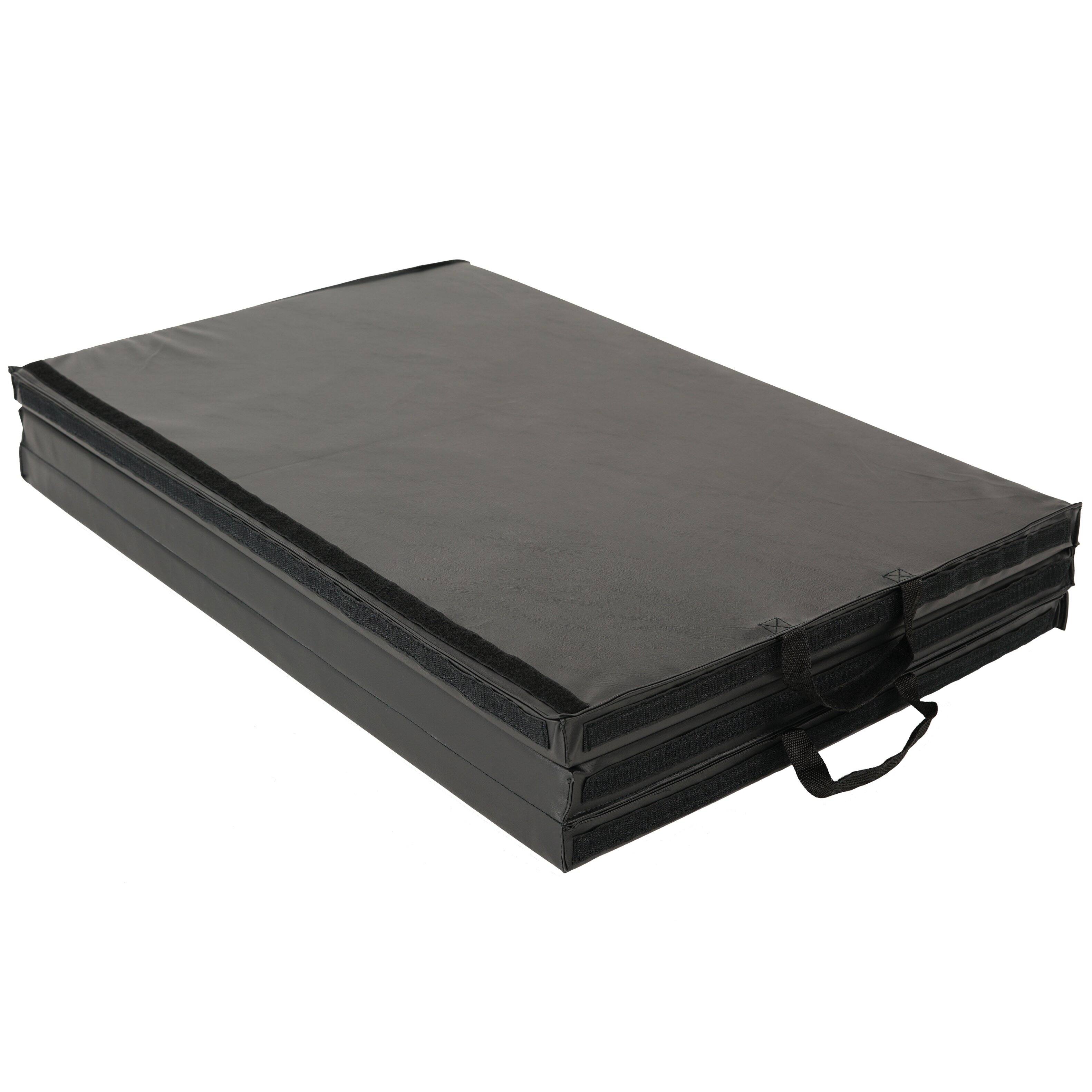 Back. Sunny Health & Fitness - Tri-Fold Exercise Mat, 2-Inch-Thick Folding Gymnastics Mat, 72” x 36” Workout Mat with Vinyl Cover, Carry Handles - Black.