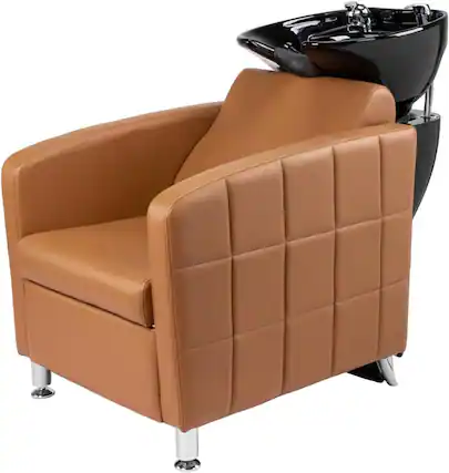 Front. Winado - Backwash Unit Shampoo Barber Chair with Ceramic Bowl Sink & Retractable Sprayer & Rubber Reck Rest for Barbershop, Slaon - Camel.