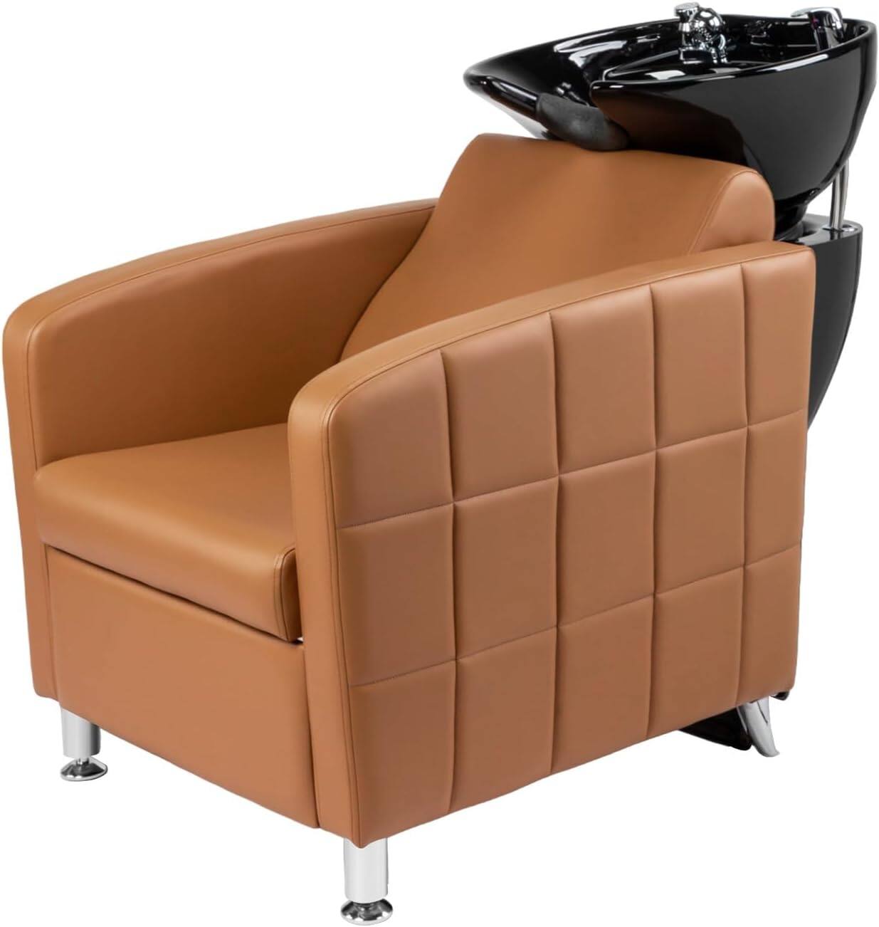 Front. Winado - Backwash Unit Shampoo Barber Chair with Ceramic Bowl Sink & Retractable Sprayer & Rubber Reck Rest for Barbershop, Slaon - Camel.