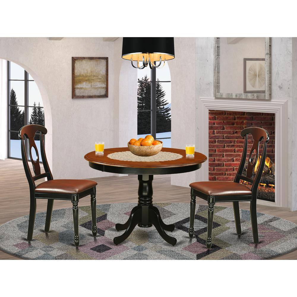 Back. East West Furniture - 3 Pc set with a Round Dinette Table and 2 Leather Kitchen Chairs in Linen White - Black.