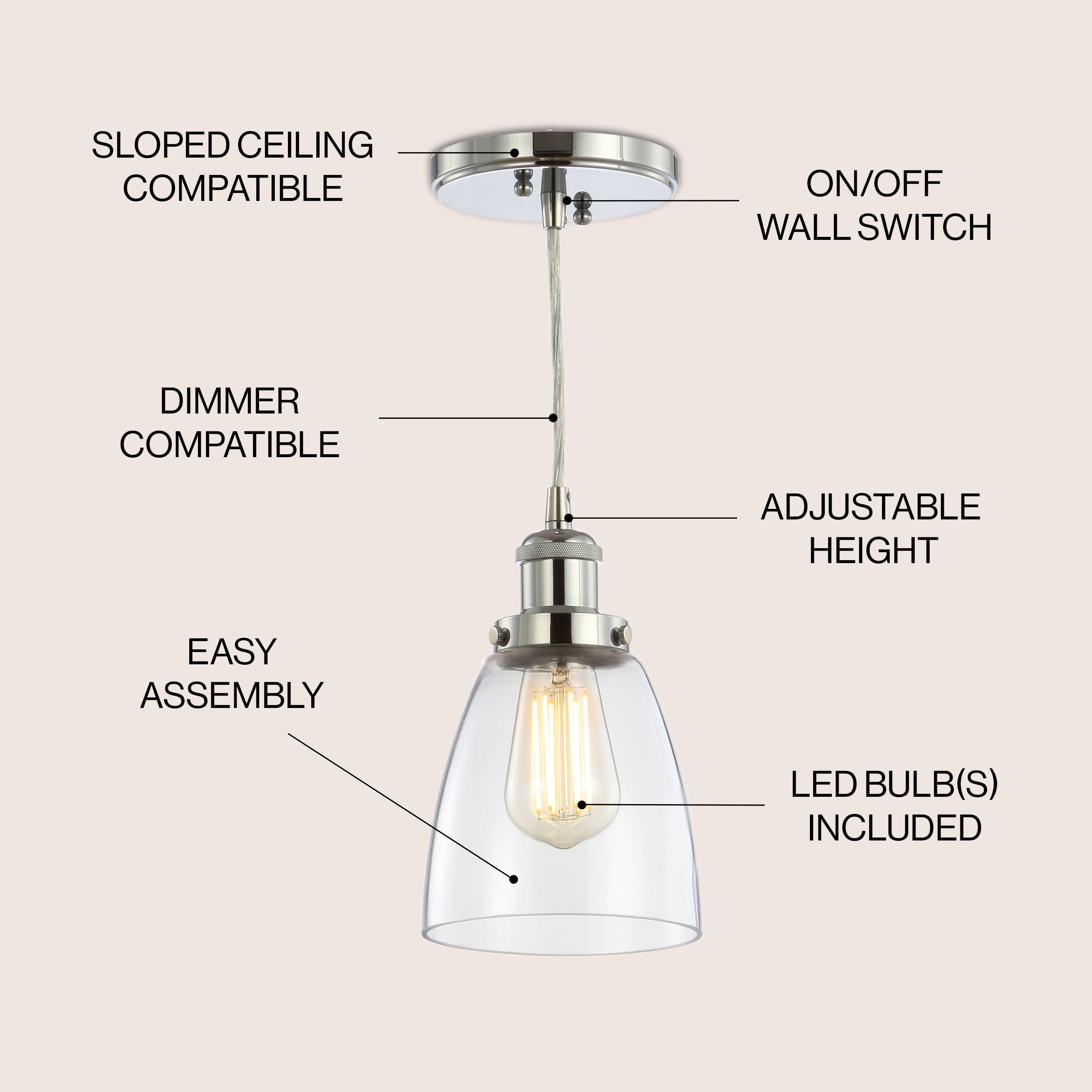 SLOPED CEILING COMPATIBLE  
ON/OFF WALL SWITCH  
DIMMER COMPATIBLE  
ADJUSTABLE HEIGHT  
EASY ASSEMBLY  
LED BULB(S) INCLUDED