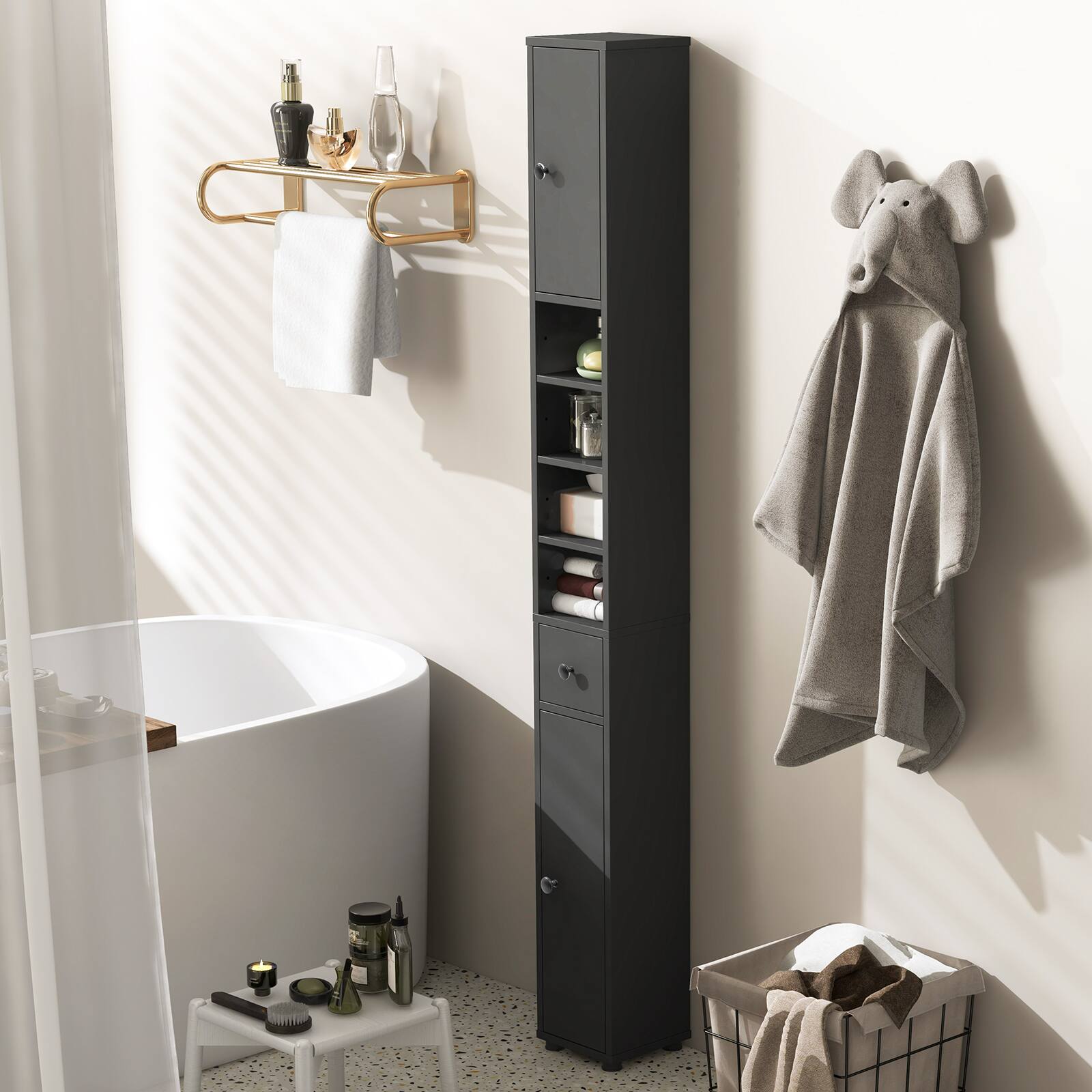 Alt View 4. Gymax - Gymax Tall Slim Bathroom Storage Cabinet Linen Tower w/Drawer Adjustable Shelves Gray - Gray.