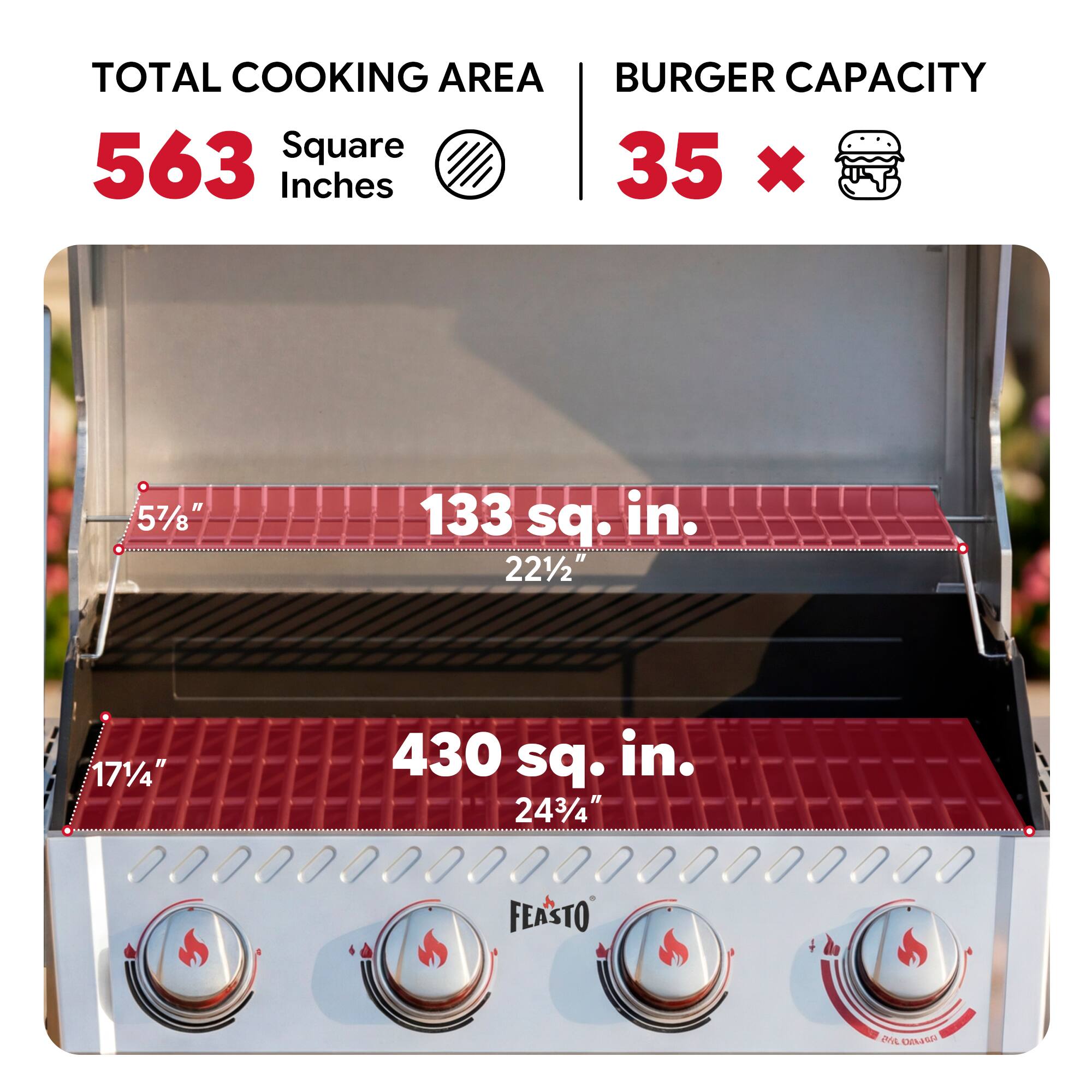 TOTAL COOKING AREA  
563 Square Inches  

BURGER CAPACITY  
35 x  

133 sq. in.  
5 7/8" x 22 1/2"  

430 sq. in.  
17 1/4" x 24 3/4"  

FEASTO