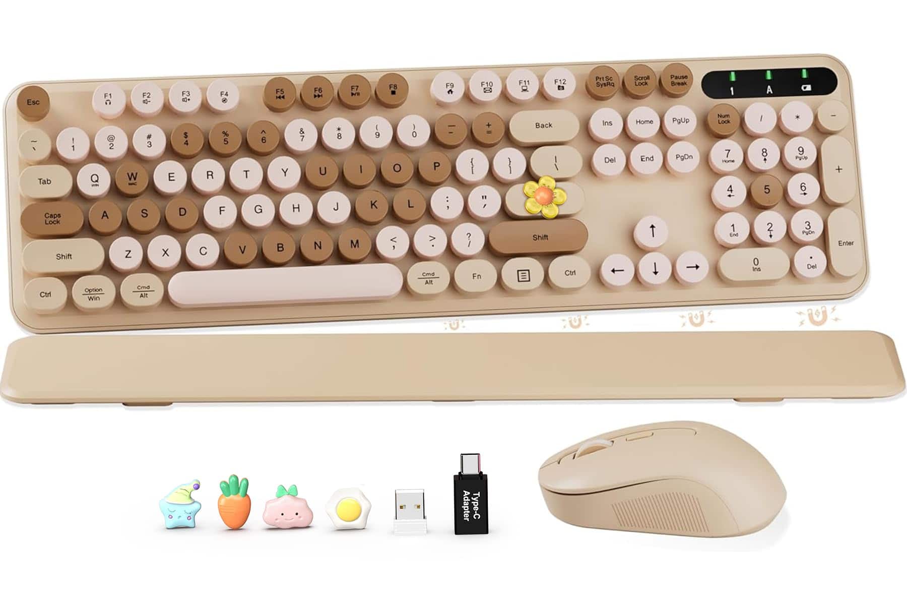 PARKER SLATER - Wireless And Mouse Combo Cute Round Keycaps Full-size Retro Typewriter With Detachable Wrist Rest 2.4ghz Cordless - Latte Colorful