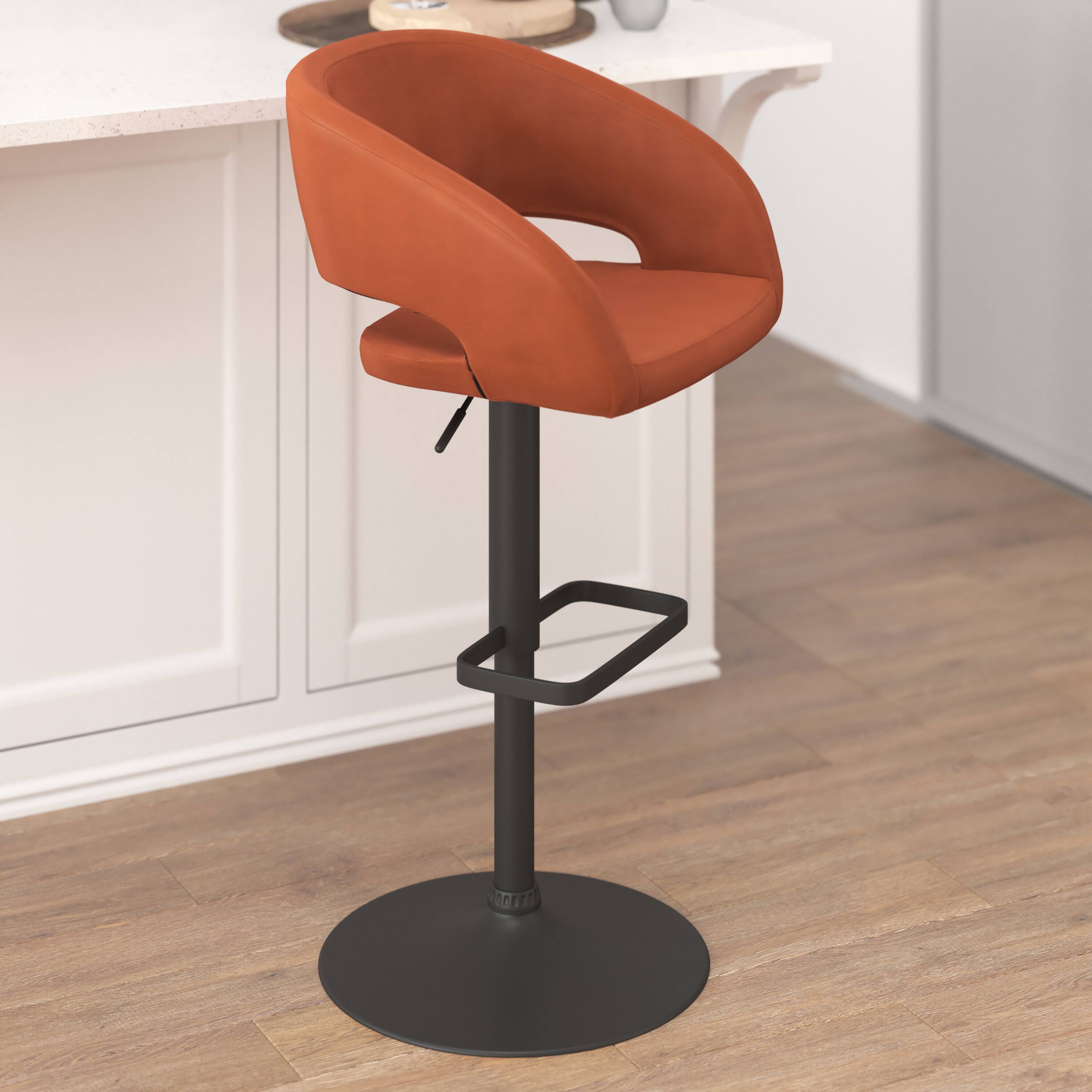 Alt View 4. Emma + Oliver - Shae Contemporary Upholstered Adjustable Height Barstool with Rounded, Cutout Mid-Back and Pedestal Base - Cognac Vinyl/Black Frame.