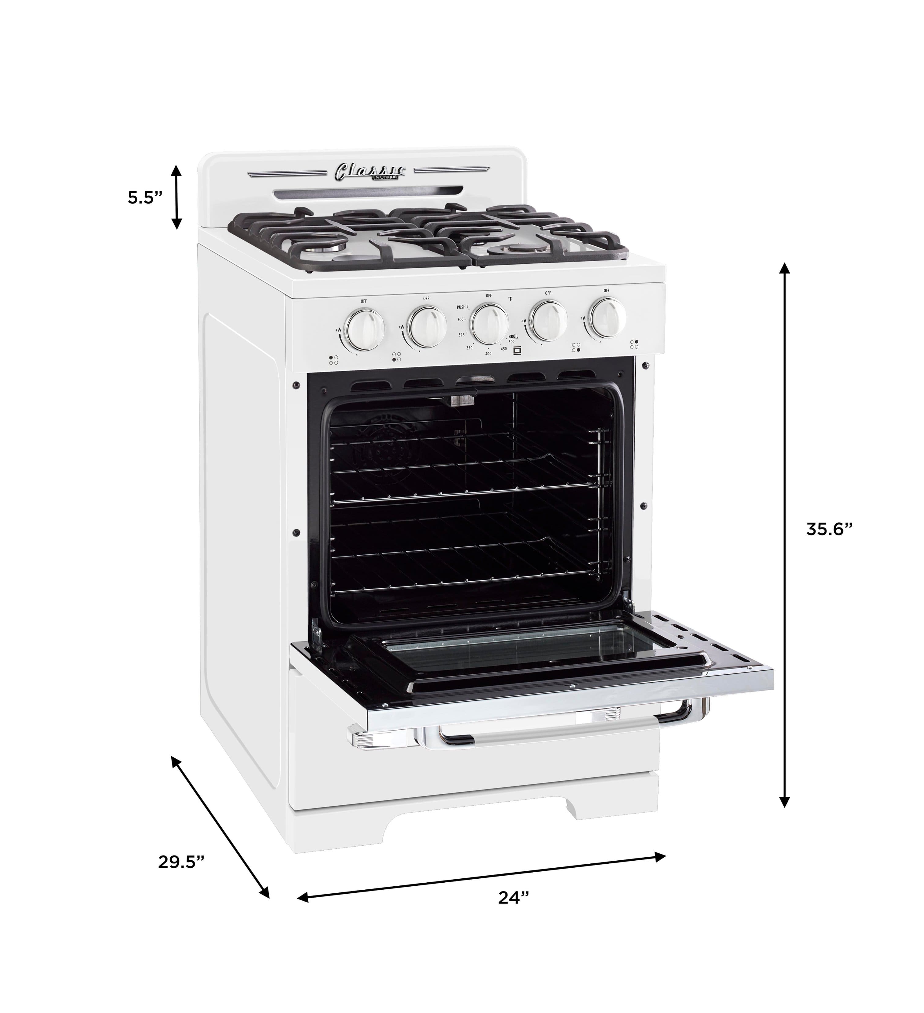The text on the image reads "5.5" Glarsec 35.6" 29.5" 24". The correct grouping of this text would be:
* 5.5" Glarsec: This refers to the oven's width, which is 5.5 inches.
* 35.6" 29.5" 24": This refers to the oven's dimensions, with the height being 35.6 inches, the width being 29.5 inches, and the depth being 24 inches.