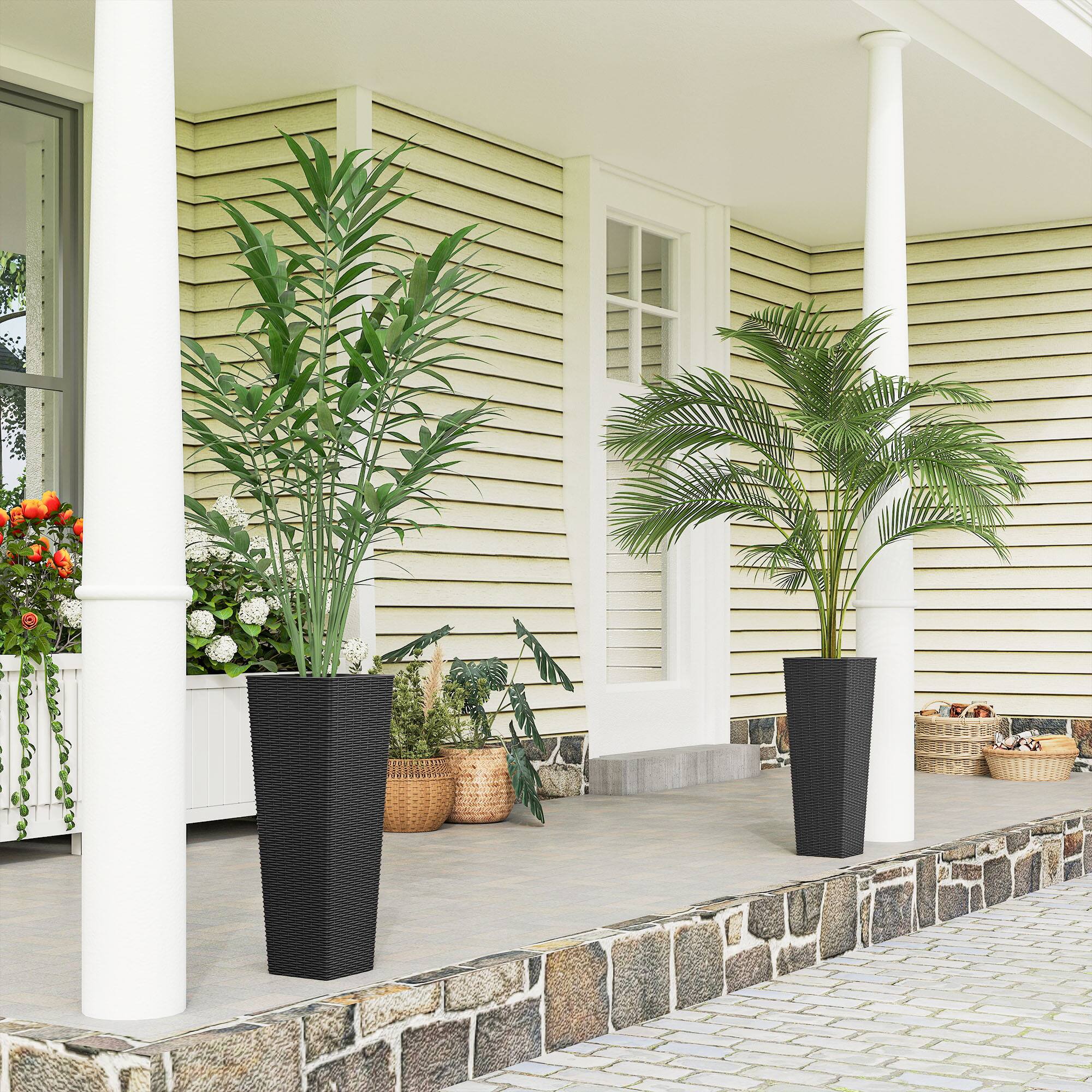 Alt View 1. Outsunny - 23.6 Inch Tall Planters for Outdoor Plants, Set of 2 Plastic Rattan-Like Flower Pots with Drainage Holes.