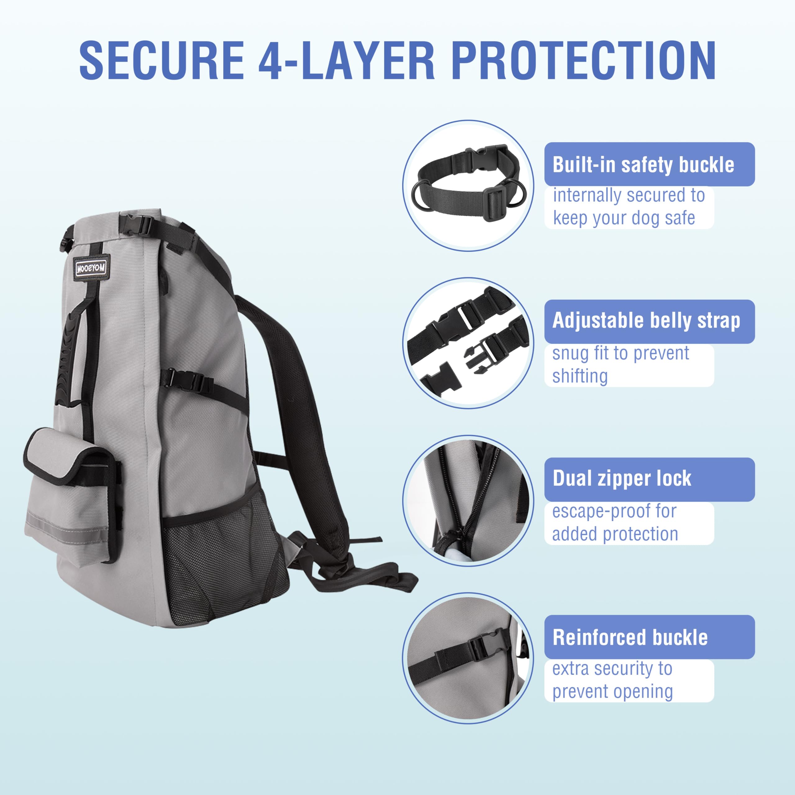 SECURE 4-LAYER PROTECTION

- Built-in safety buckle internally secured to keep your dog safe
- Adjustable belly strap snug fit to prevent shifting
- Dual zipper lock escape-proof for added protection
- Reinforced buckle extra security to prevent opening