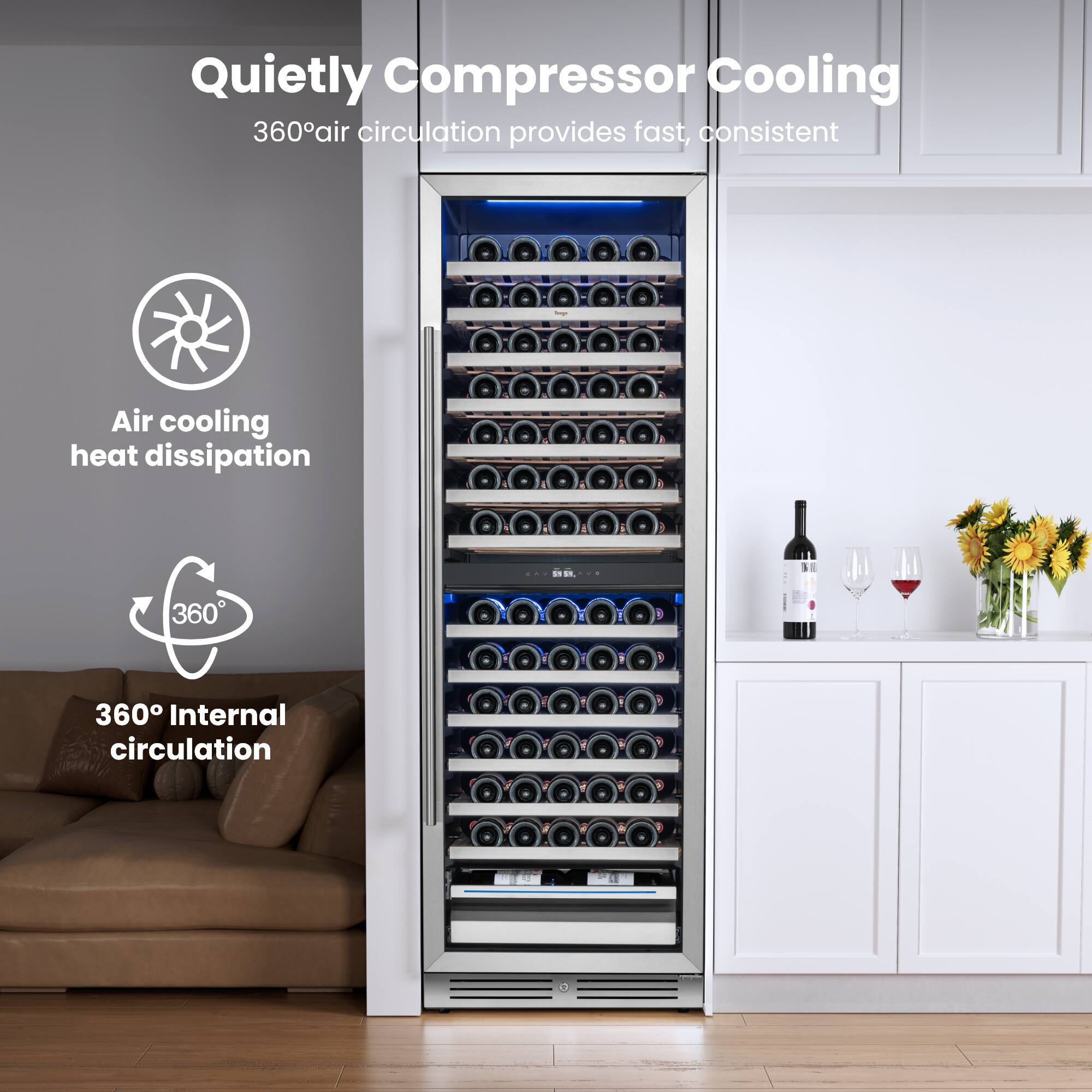 Quietly Compressor Cooling  
360° air circulation provides fast, consistent  
Air cooling heat dissipation  
360° Internal circulation