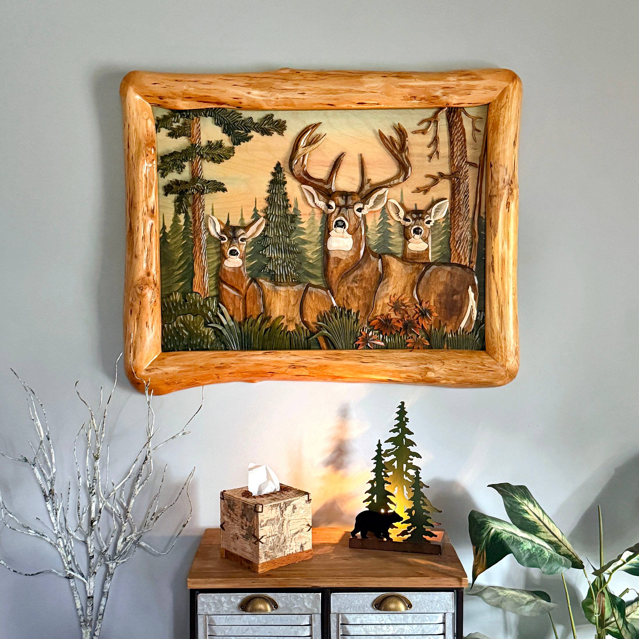 Alt View 3. Zeckos - Deer in Woods Intarsia Wood Wall Sculpture 36x28 Rustic Cabin Lodge Decor - Brown.