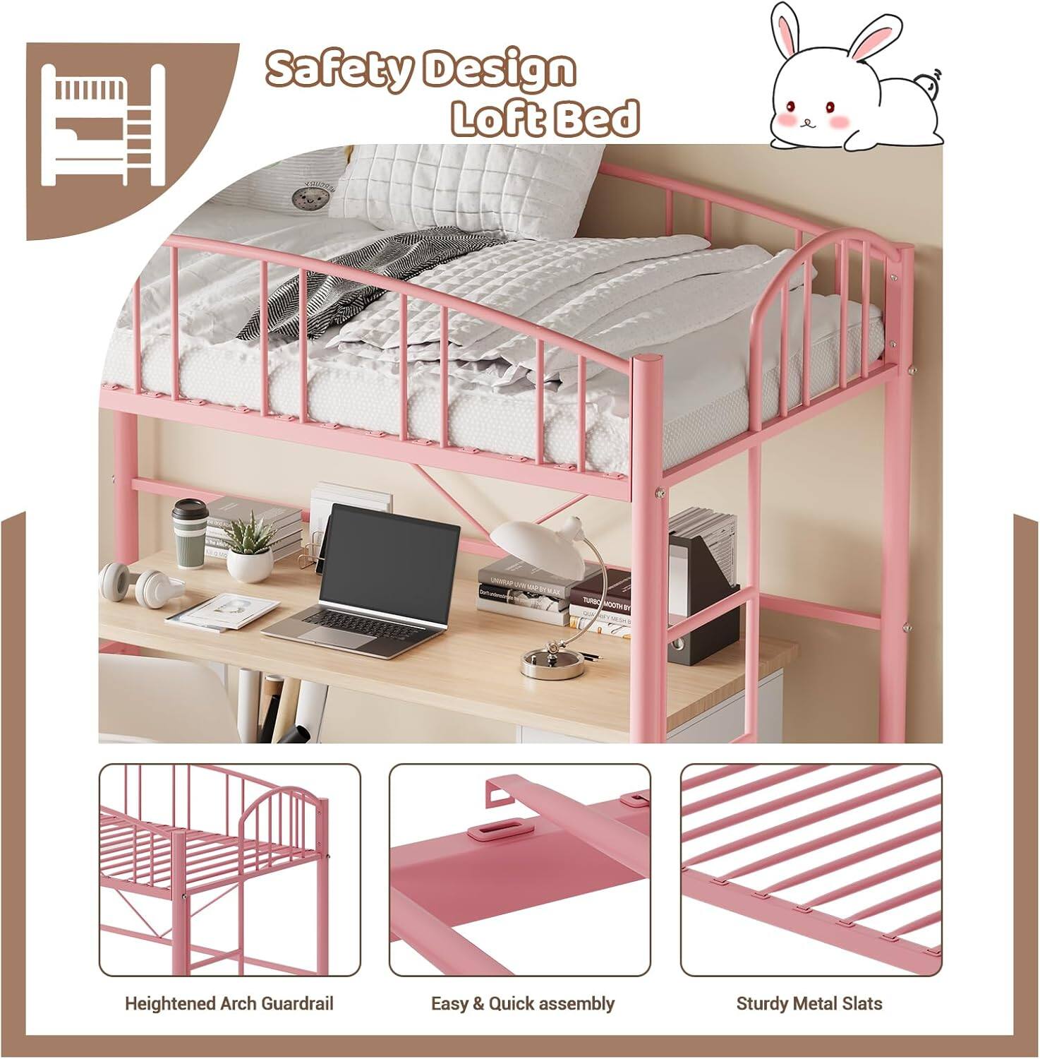 Safety Design Loft Bed

- Heightened Arch Guardrail
- Easy & Quick Assembly
- Sturdy Metal Slats