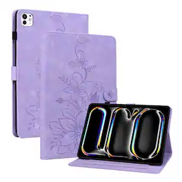 Dteck - Foilo Case for Apple iPad Pro (M5) 11" 2025 & (M4) 2024,Embossed Pattern PU Leather Flip Card Holder Kickstand Cover - Purple