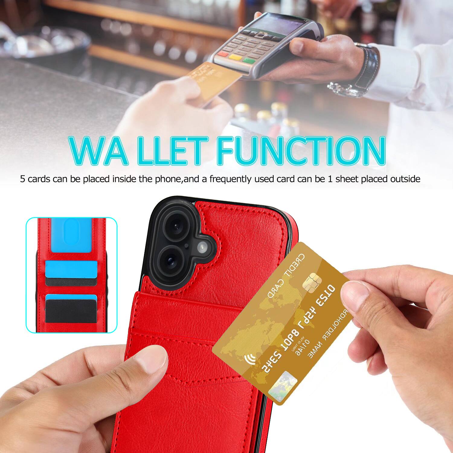 WA LLET FUNCTION  
5 cards can be placed inside the phone, and a frequently used card can be 1 sheet placed outside  
CREDIT CARD HOLDER  
ANTI DUMP  
ANTI NAME