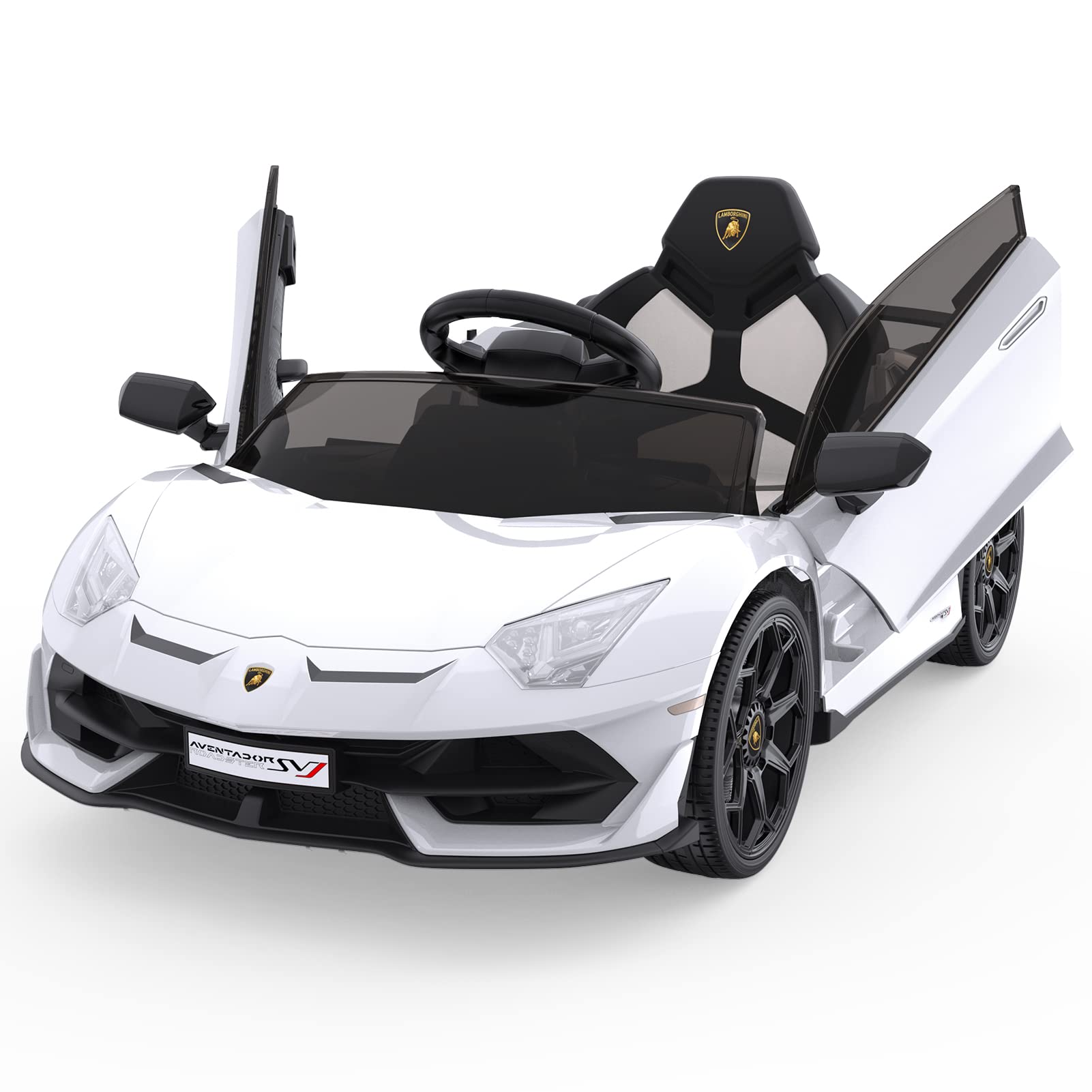 Angle. GARVEE - 12V Licensed Lamborghini Sports Car Ride-On Car for Kids w/ Remote Control,LED Headlights,Hydraulic Doors,Seatbelt - White.