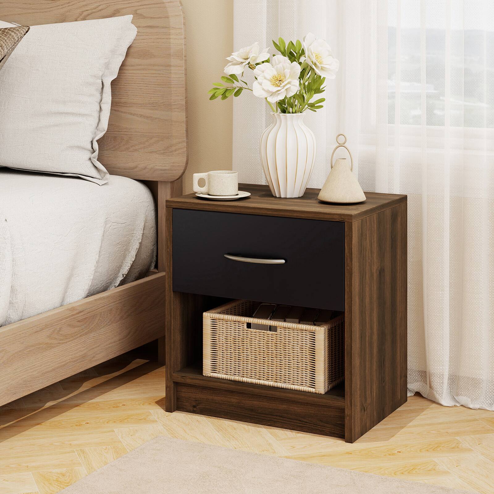 Alt View 4. Gymax - Gymax 2 PCS Nightstand w/ Drawer Side Table w/ Slide-out Drawer Open Storage Shelf Brown - Brown.