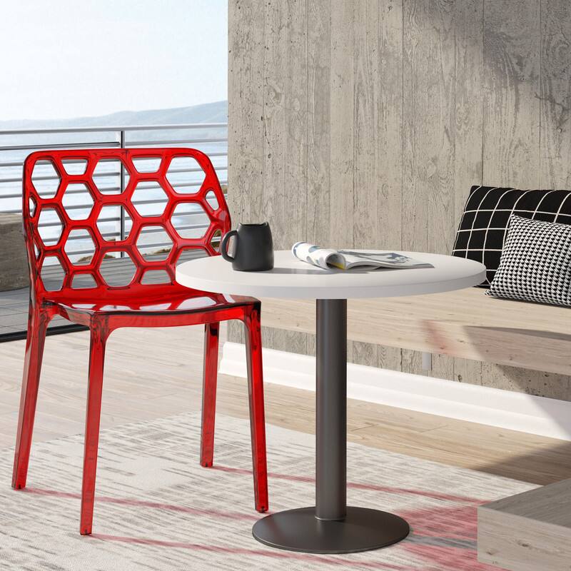 Angle. LeisureMod - Dynamic Clear Acrylic Dining Chair with Honeycomb Design, Stackable & Floor-Safe Feet - Transparent Red.